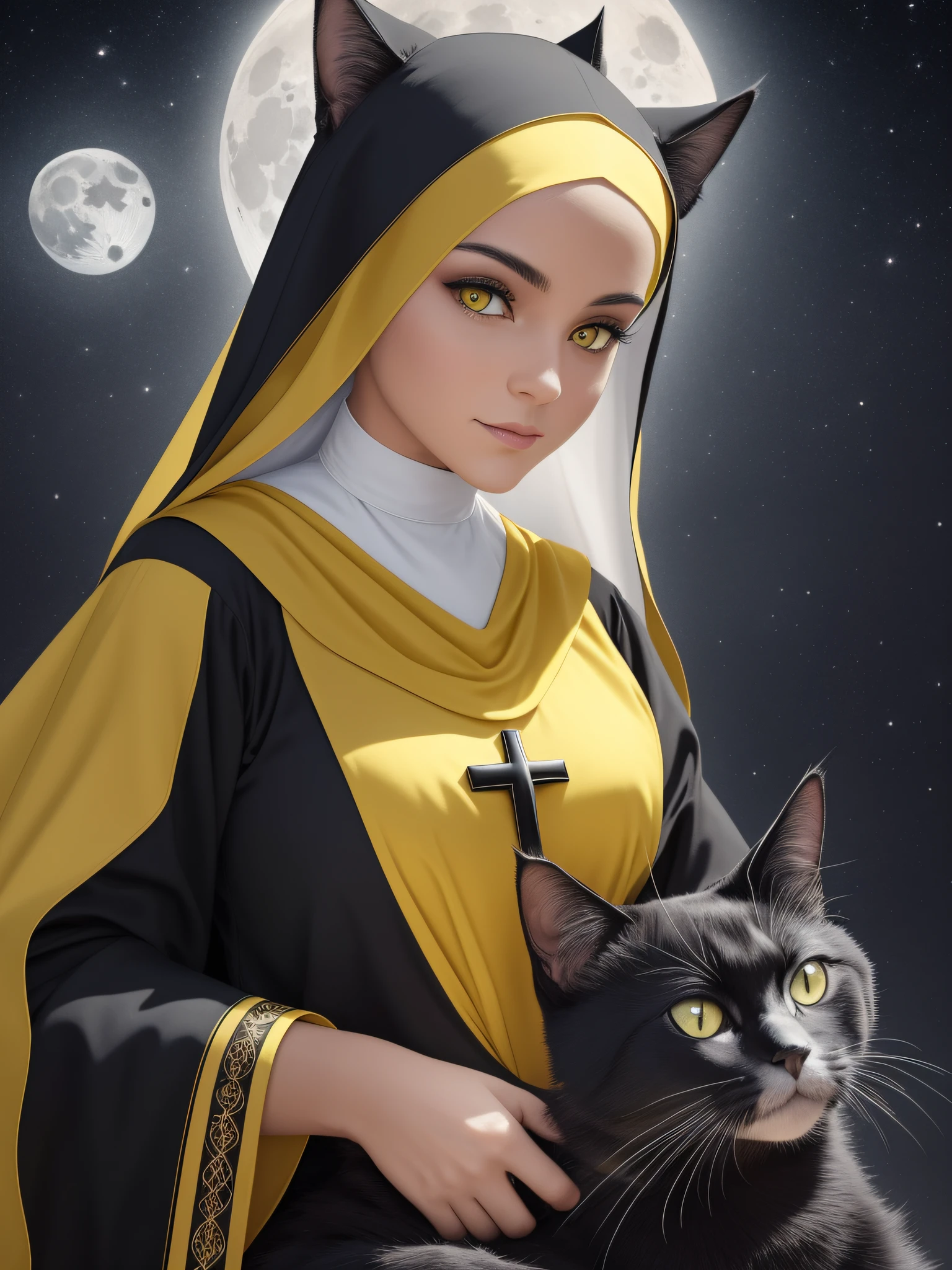 ((best quality)), ultra detailed, high-resolution image of a black cat on the lap of a nun in religious costumes on a cold, full-moon night, fog, yellow cat eyes shining in the moonlight. Hyper-realistic, 8k quality, mega detailed and extremely well crafted. Vibrant colors and refined details blend seamlessly into the image --auto --s2