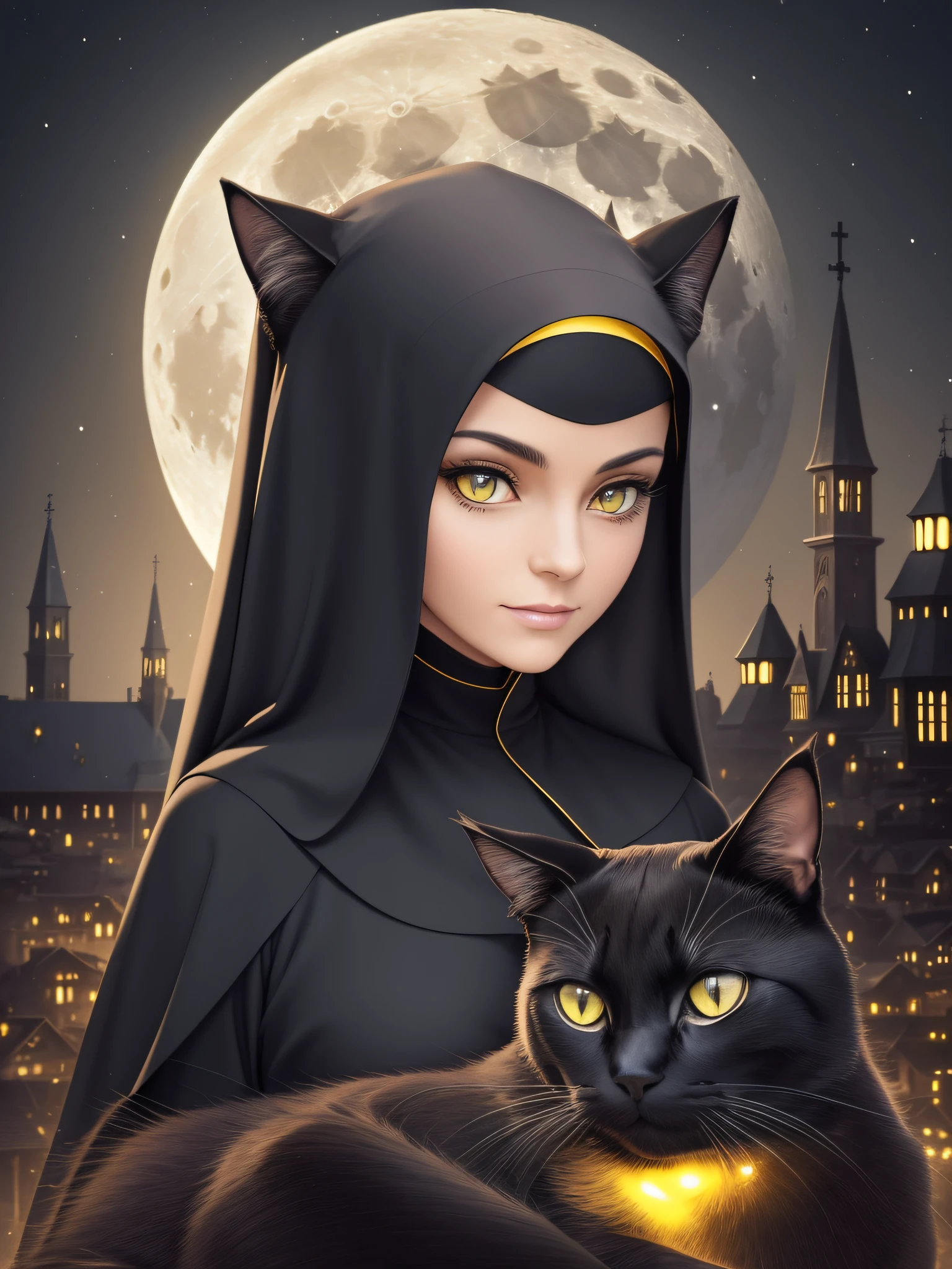 ((best quality)), ultra detailed, high-resolution image of a black cat on the lap of a nun in religious costumes on a cold, full-moon night, fog, yellow cat eyes shining in the moonlight. Hyper-realistic, 8k quality, mega detailed and extremely well crafted. Vibrant colors and refined details blend seamlessly into the image --auto --s2