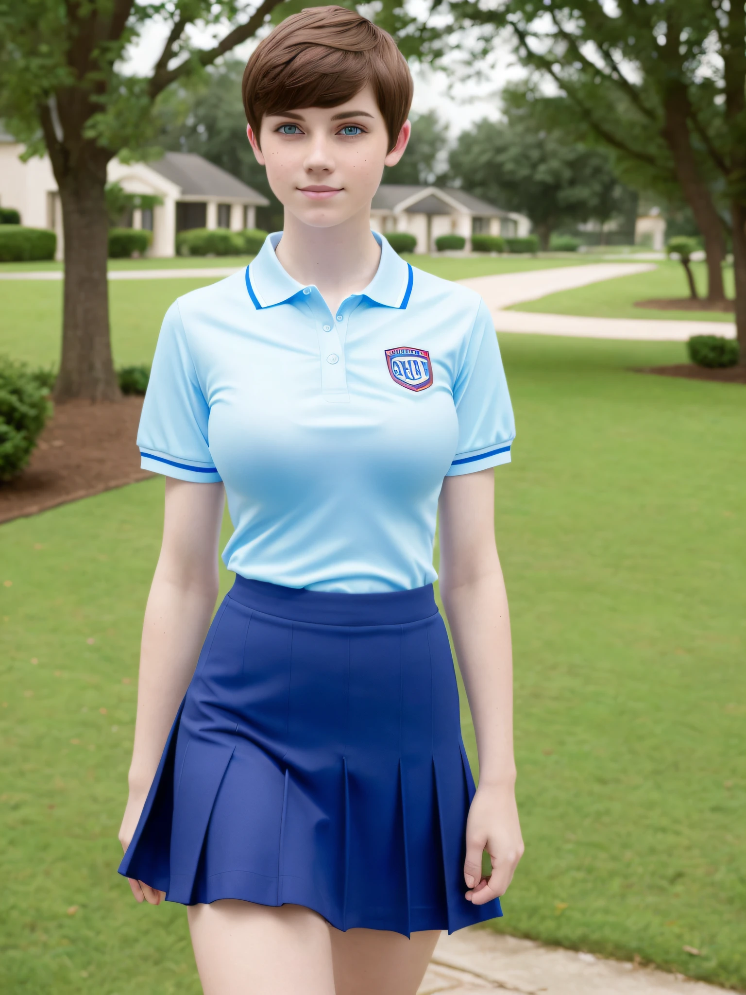 ((high resolution)), athletic, defined muscles, ((pale skin)), freckled, brunette teen girl, with blue eyes, wavy pixie haircut, ((huge breasts)), wearing school uniform skirt and polo shirt