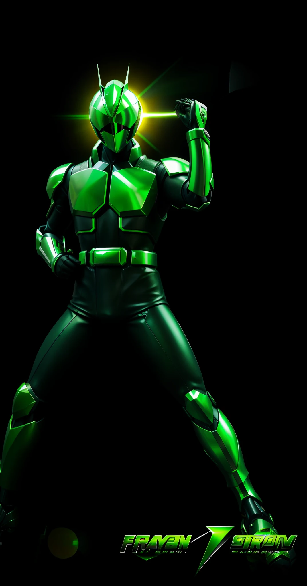 a close up of a person in a green and black costume, kamen rider character, tokusatsu, kamen rider action pose, high fantasy kamen rider, kamen rider, green power ranger, tokusatsu suit vaporwave, metallic green armor, guyver style, cyborg ninja, full body hero, hero action pose, kamen rider ghost, kabuto