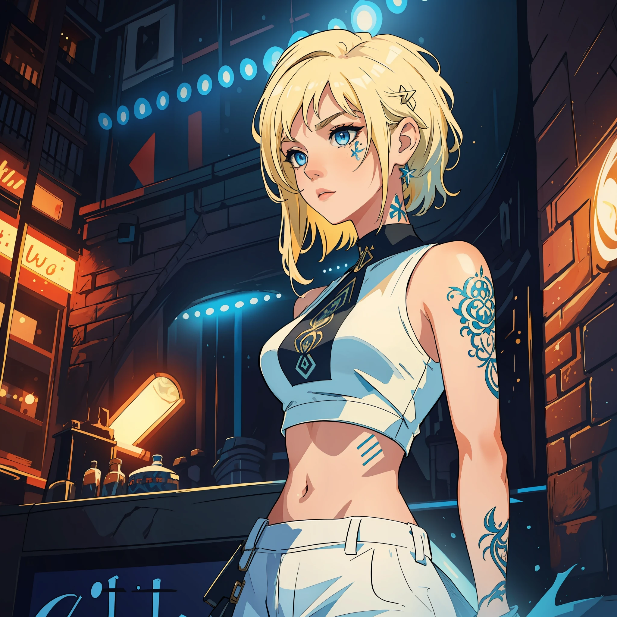 (masterpiece, best quality), intricate details, 8k, artstation, wallpaper, official art, splash art, sharp focus,
1girl, medium hair above shoulders, blue eyes, blonde hair, neck tattoo, short white top, entirely blonde hair
 Wearing a short white top, nightclub in the background with colorful lights, nightclub in the background, the night