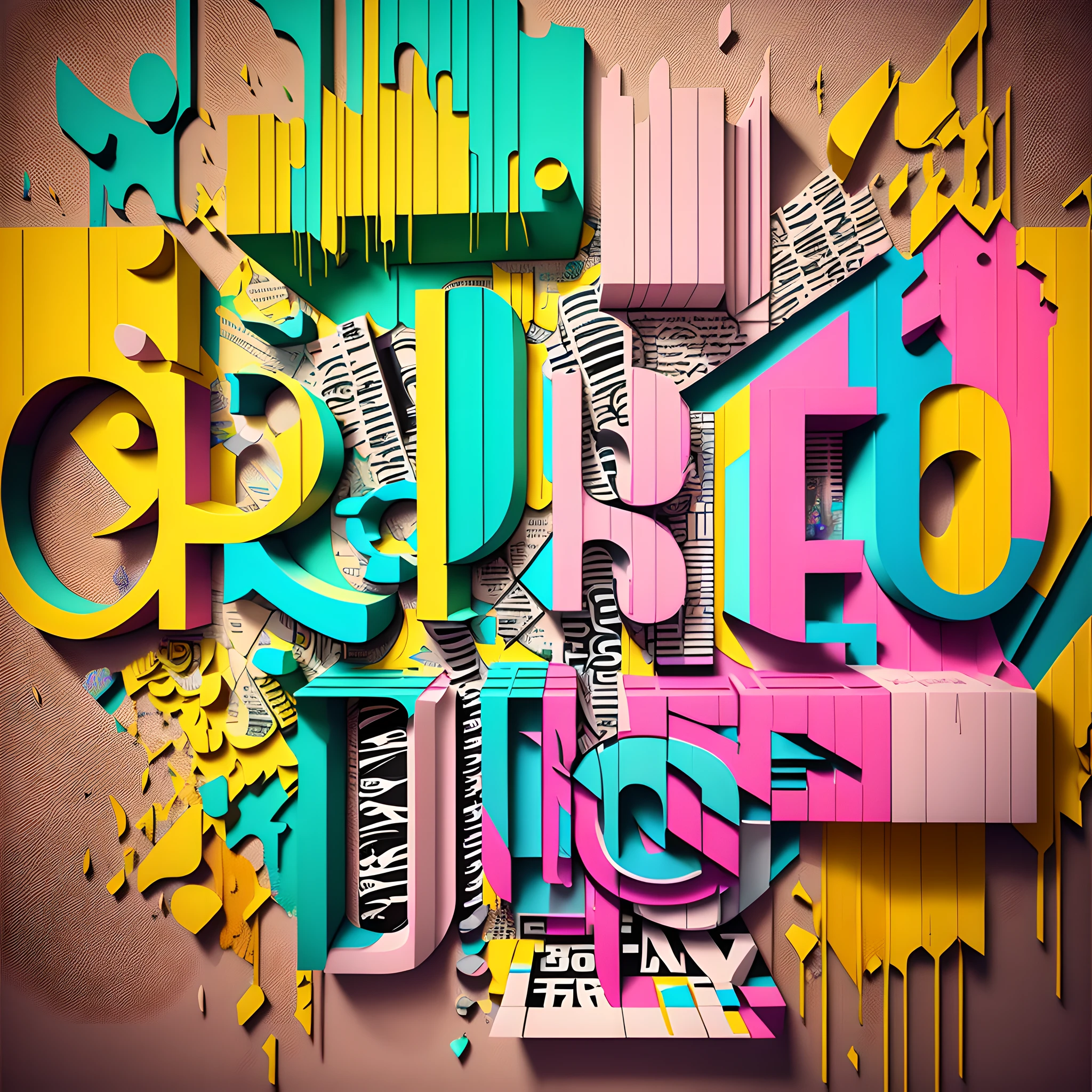 Artistic image graffiti style, typography, newspaper clipping, 3d design icons, pastel colors, phrase: creation/execution/production with relief and paint dripping in the background. --auto --s2