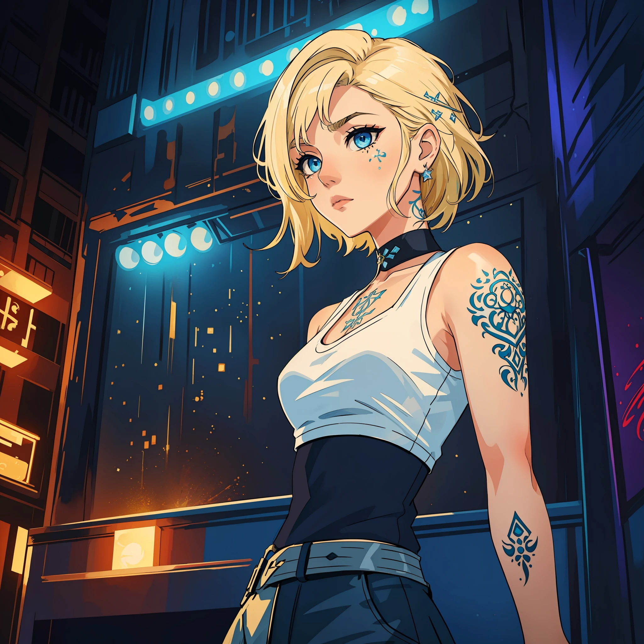 (masterpiece, best quality), intricate details, 8k, artstation, wallpaper, official art, splash art, sharp focus,
1girl, medium hair above shoulders, blue eyes, blonde hair, neck tattoo, short white top, entirely blonde hair
Wearing a short white top, nightclub in the background with colorful lights, nightclub in the background, the night