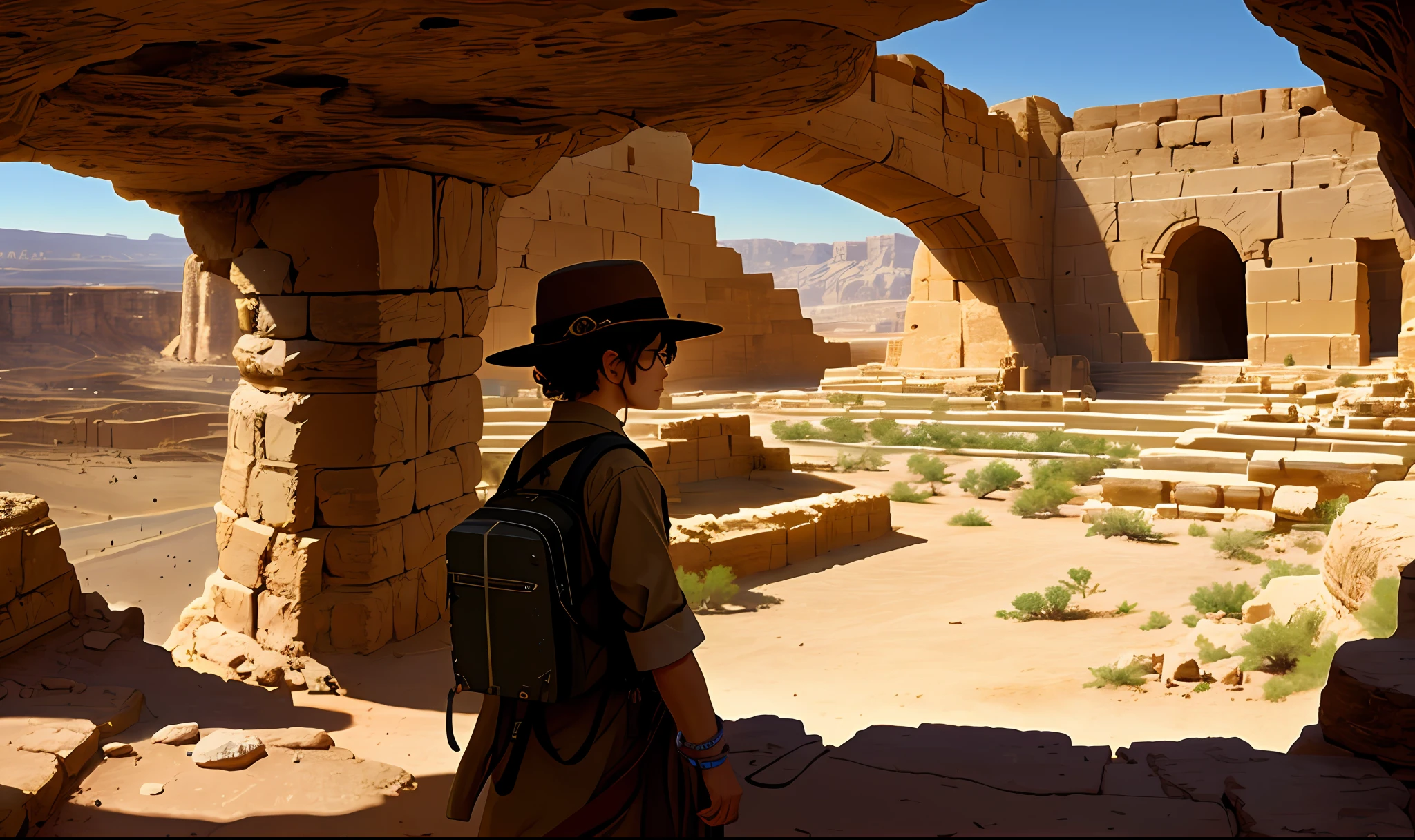 Traveler in a desert cave overlooking the ruins of great desert temples, close-up