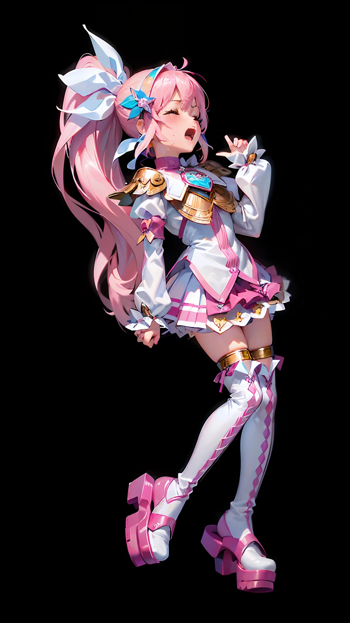 ((Lora+QuickHand: 1.2), (Masterpiece: 1.5), (Best Quality: 1.5), 8K Resolution, (Perfect Hand: 1.5), a girl's beautiful expression of screaming and crying with her eyes closed, (pink hair: 1.3 + single ponytail), (white top: 1.2), (pink pleated skirt: 1.2), (pink over-the-knee socks: 1.2), (white boots: 1.2), (no background: 1.5), (slender legs: 1.2)) "