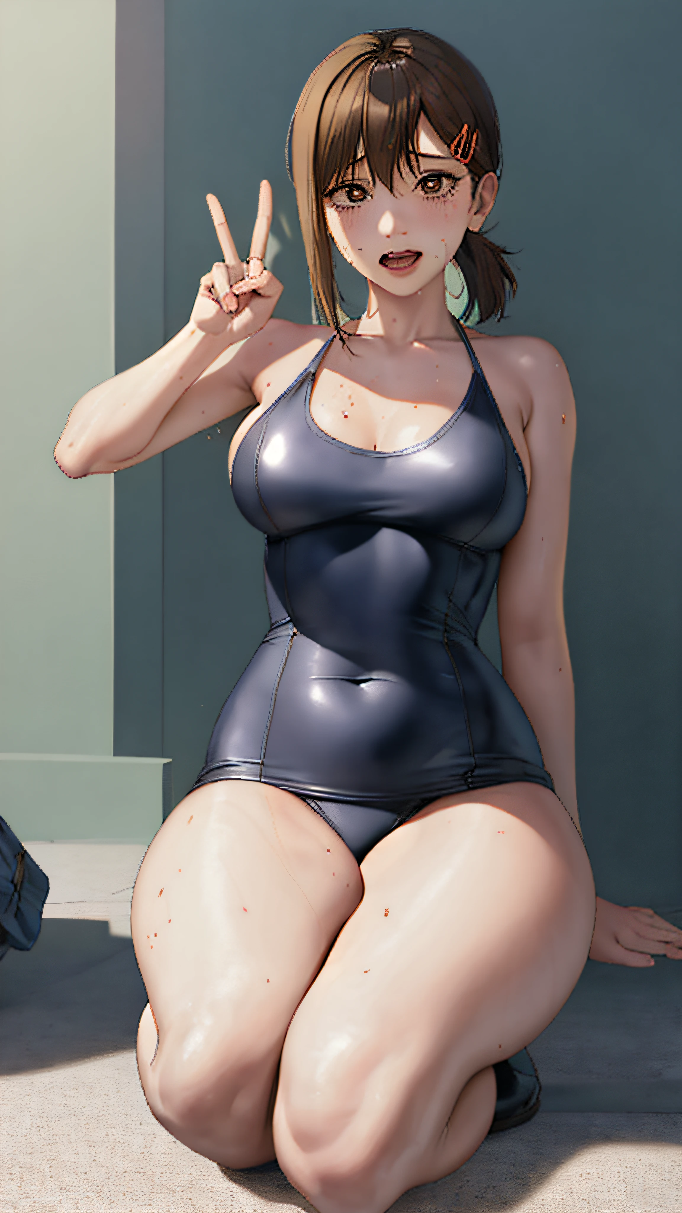 anime character sitting on the ground with a peace sign, hyperrealistic schoolgirl, a hyperrealistic schoolgirl, seductive anime girl, photorealistic anime girl render, realistic schoolgirl, smooth anime cg art, wet swimsuit, cute girl wearing tank suit, beautiful alluring anime , shiny wet skin!!, photorealistic anime, realistic shaded perfect body, satisfied pose