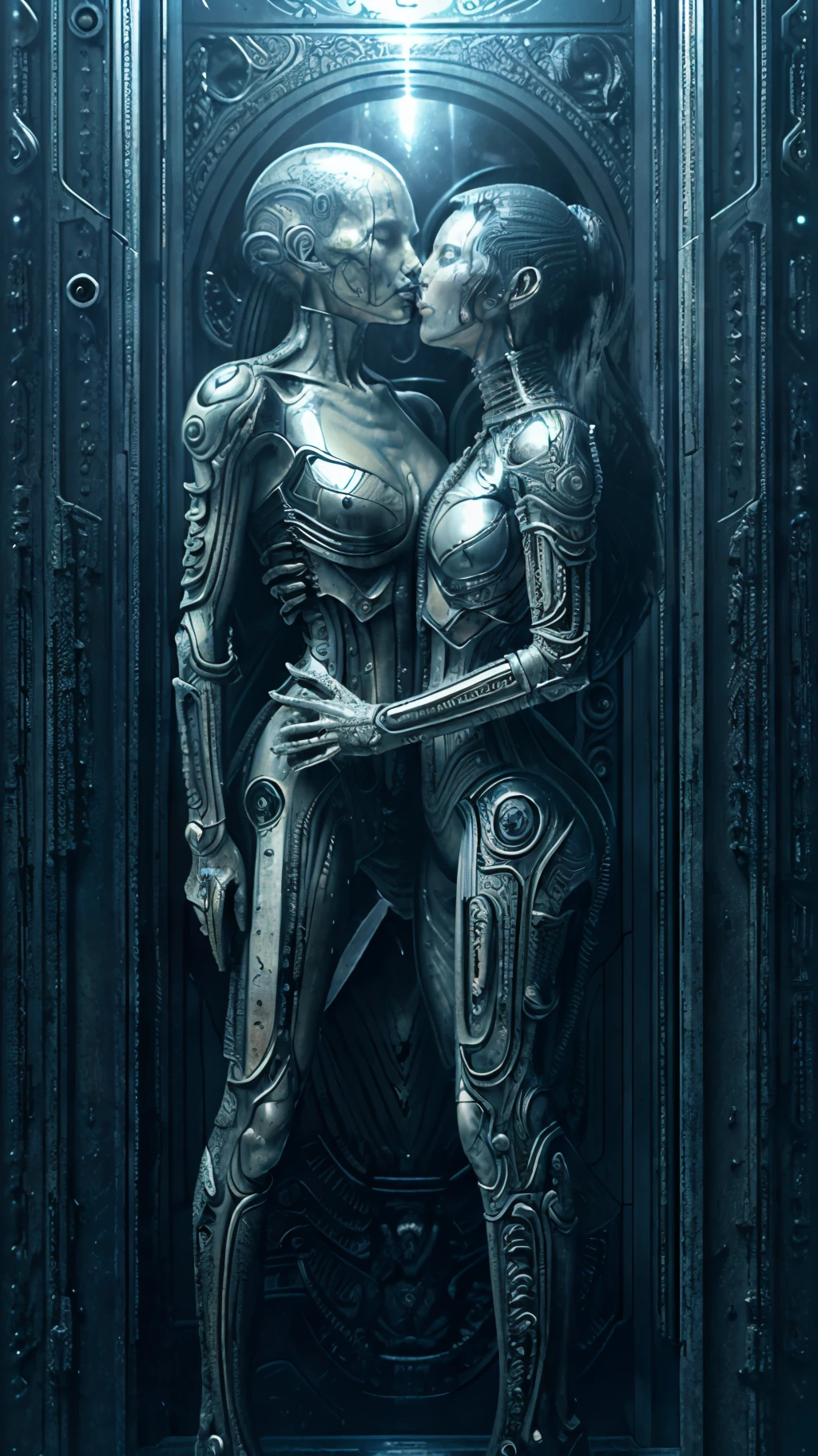 portrait of alien licking Monica Belluci,  
((masterpiece),(best quality),(ultra-detailed),
fantasy, sci-fi, horror, aliens, sad face, 
realistic, hrgiger hnsrdlf style intricate biomechanical detail
masterpiece, dark room, dim light , front view,(( photorealistic, 1970s film, 35mm, film grains ))