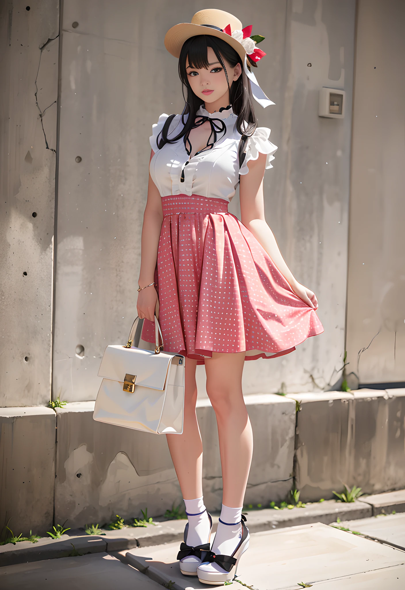 (8K, RAW, professional, best quality, masterpiece:1.2), (realistic,photorealistic:1.37), ultra-detailed, (portrait), (highest detailed skin:1.2), (highest detailed face:1.2), cinematic lighting, 1girl, pale light, 22 year old beautiful gravure idol, white blouse, blue skirt, loose wavy black hair, 三つ編み、ストローハット、white ruffle socks, 穏やかな明るい路地裏の背景 --auto --s2