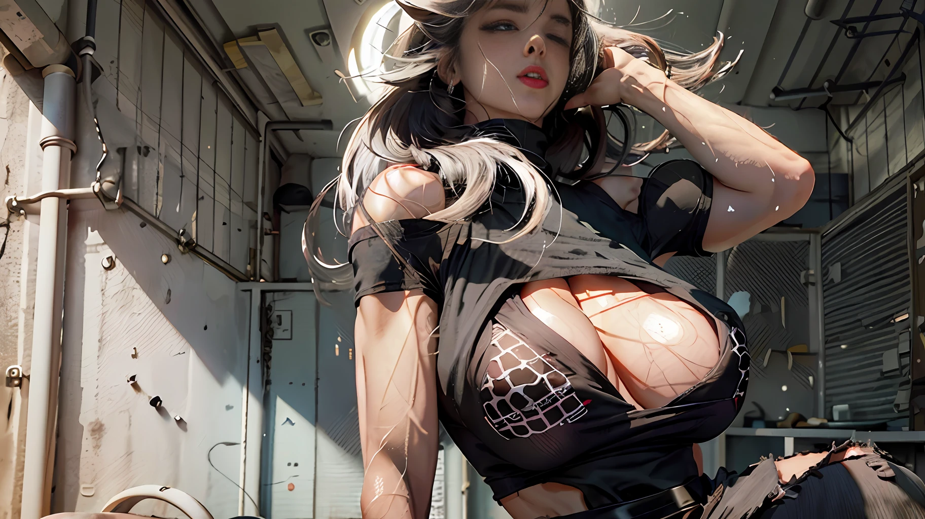 Girls, Bangs, Bare Shoulders, Black Pants, Breasts, Breasts squeezed together, Grey background, Hair between the eyes, Huge breasts, Long hair, View Viewer, Pants, Parted lips, Red eyes, Shirt, Simple background, Sleeveless, Sleeveless shirt, Solo, Turtleneck, V arm, White hair,(Shiny skin),(Masterpiece:1.4),(Best quality:1.4),,Facigirl,Red lips,Perfect abs, belly button, (nipple: 1.5), (sheer areola), nipple, huge, sweat,