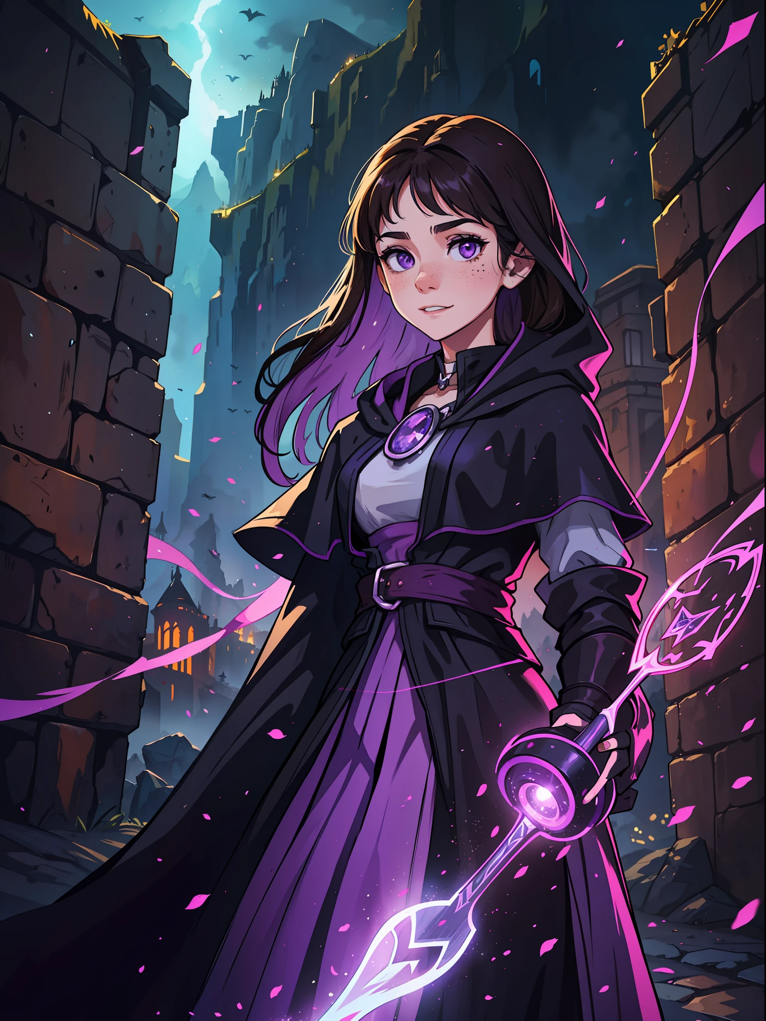 a young teenage woman with a thin body and dark brown hair and purple purple eyes she has some freckles and a determined look a sweet smile on her face she is a sorceress a magician wearing powerful magic robes for a medieval RPG, the background filled with magic and magical lights contour lights and cinematic lights in a fortress in the mountains,  She is conjuring magic magical power, this woman must be in a city surrounded by volcanoes a dark medieval city with black colors and magma through the streets like a city in the underworld of Hades,