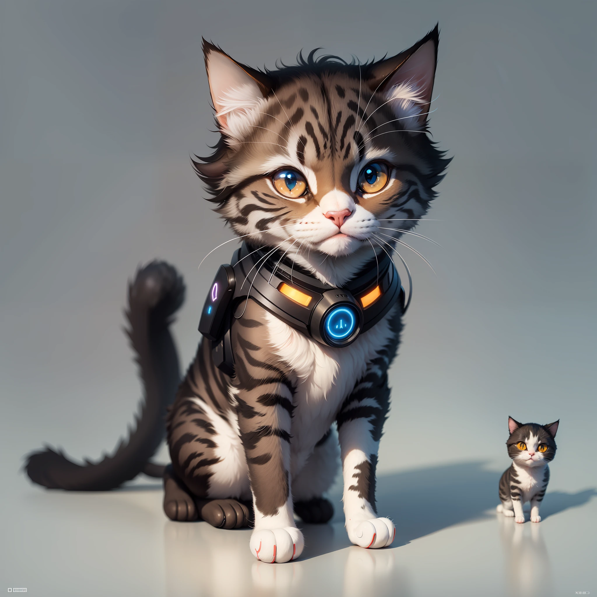 "realistic, minimalist portrayal of a cat-shaped artificial intelligence." 可以优化为: "Realistic and minimalist painting of a cat-shaped AI, highlighting the cyber punk background, furry skin, and stilted eyes."