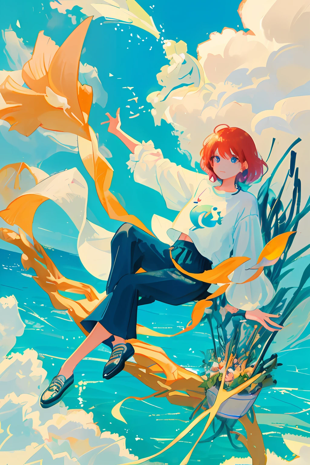 Woman wearing a shirt with the print of a fish floating in the sky
