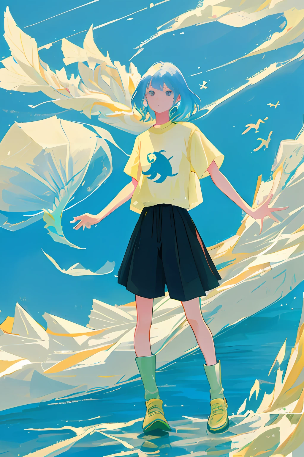 Woman wearing a shirt with the print of a fish floating in the sky