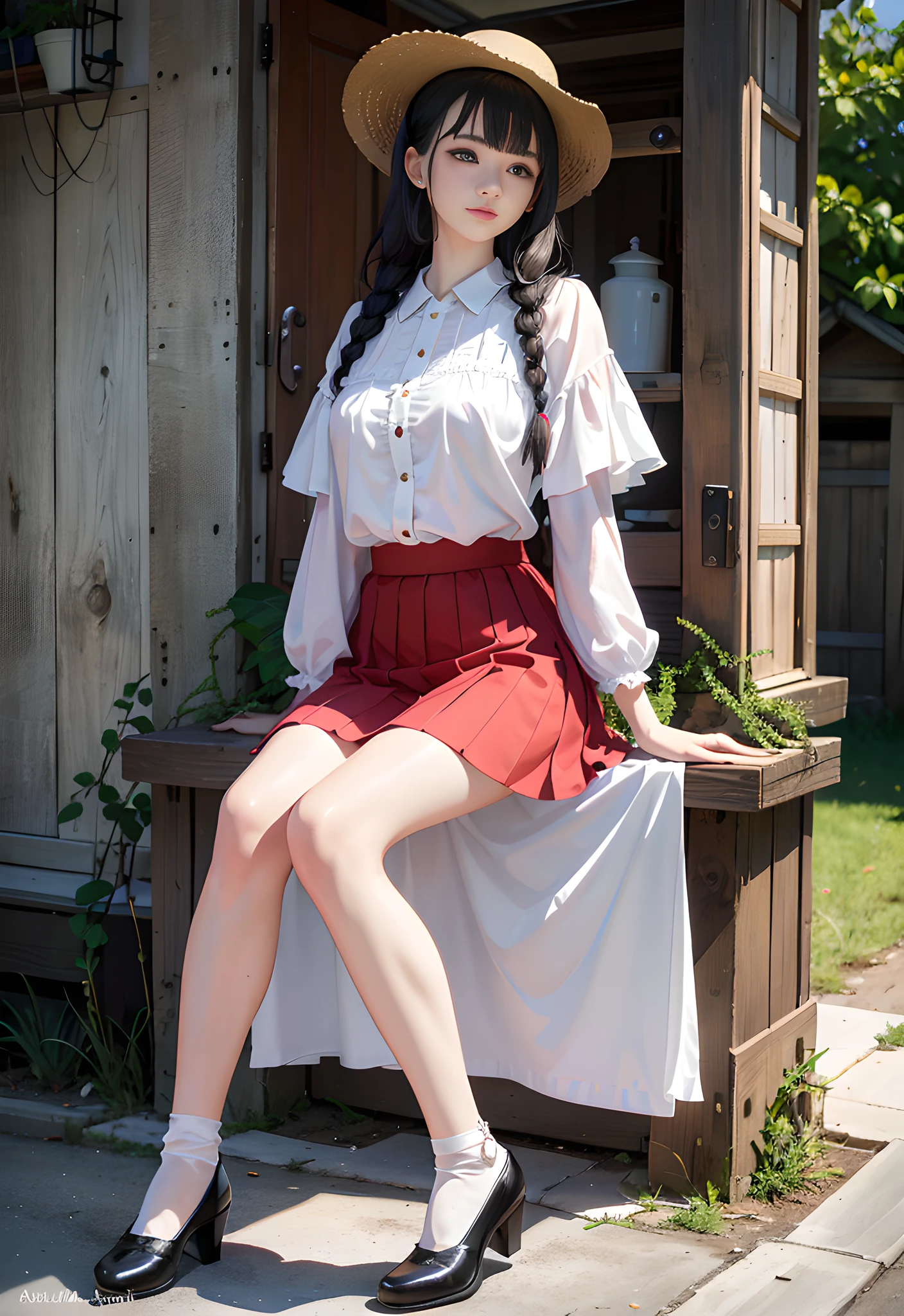(8K, RAW, professional, best quality, masterpiece:1.2), (realistic,photorealistic:1.37), ultra-detailed, (portrait), (highest detailed skin:1.2), (highest detailed face:1.2), cinematic lighting, 1girl, pale light, 22 year old beautiful gravure idol, white blouse, red gingham check skirt, loose wavy black hair, braids, straw hat,hand bag, (((white socks))), calm bright back alley background --auto --s2