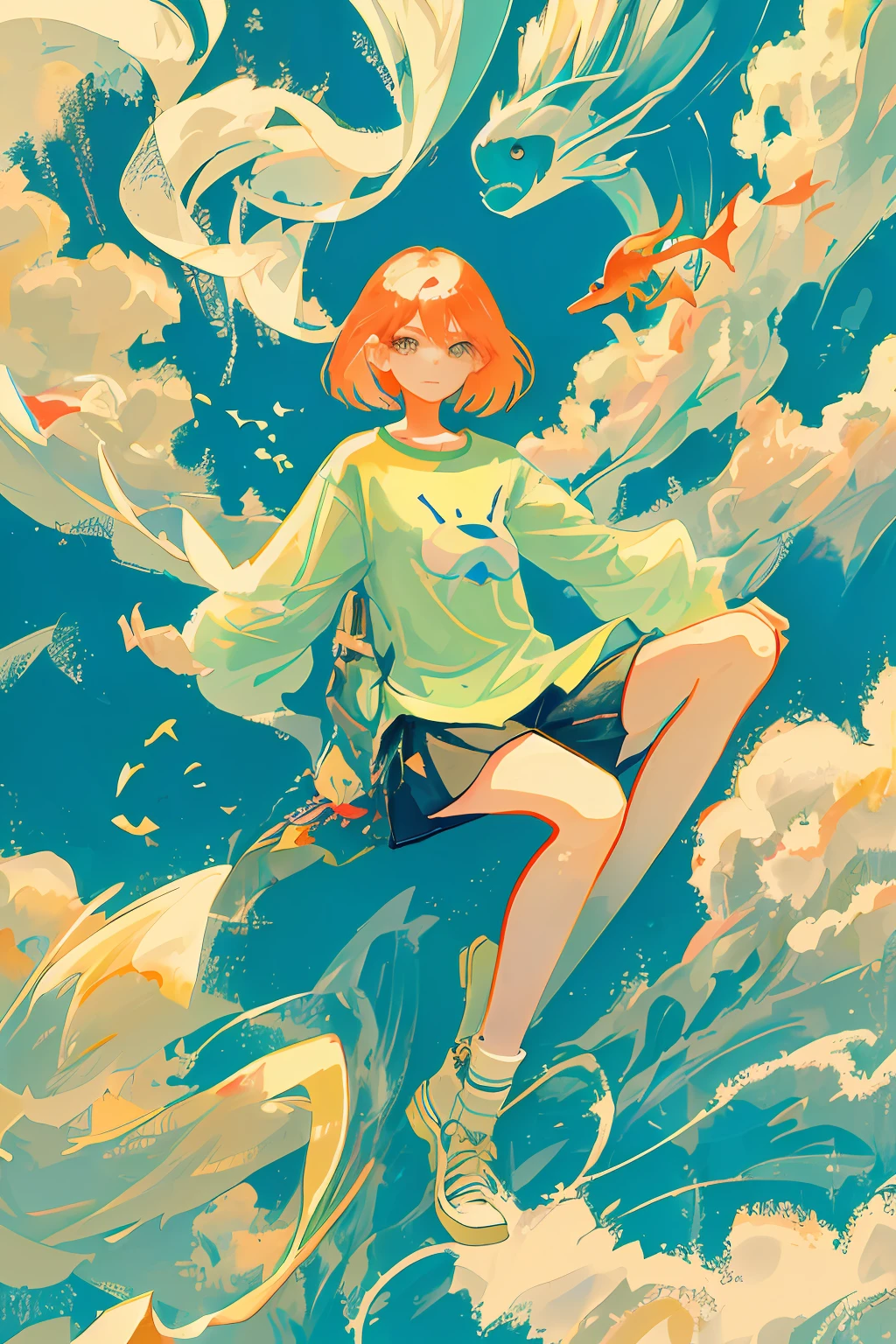 Woman wearing a shirt with the print of a fish floating in the sky
