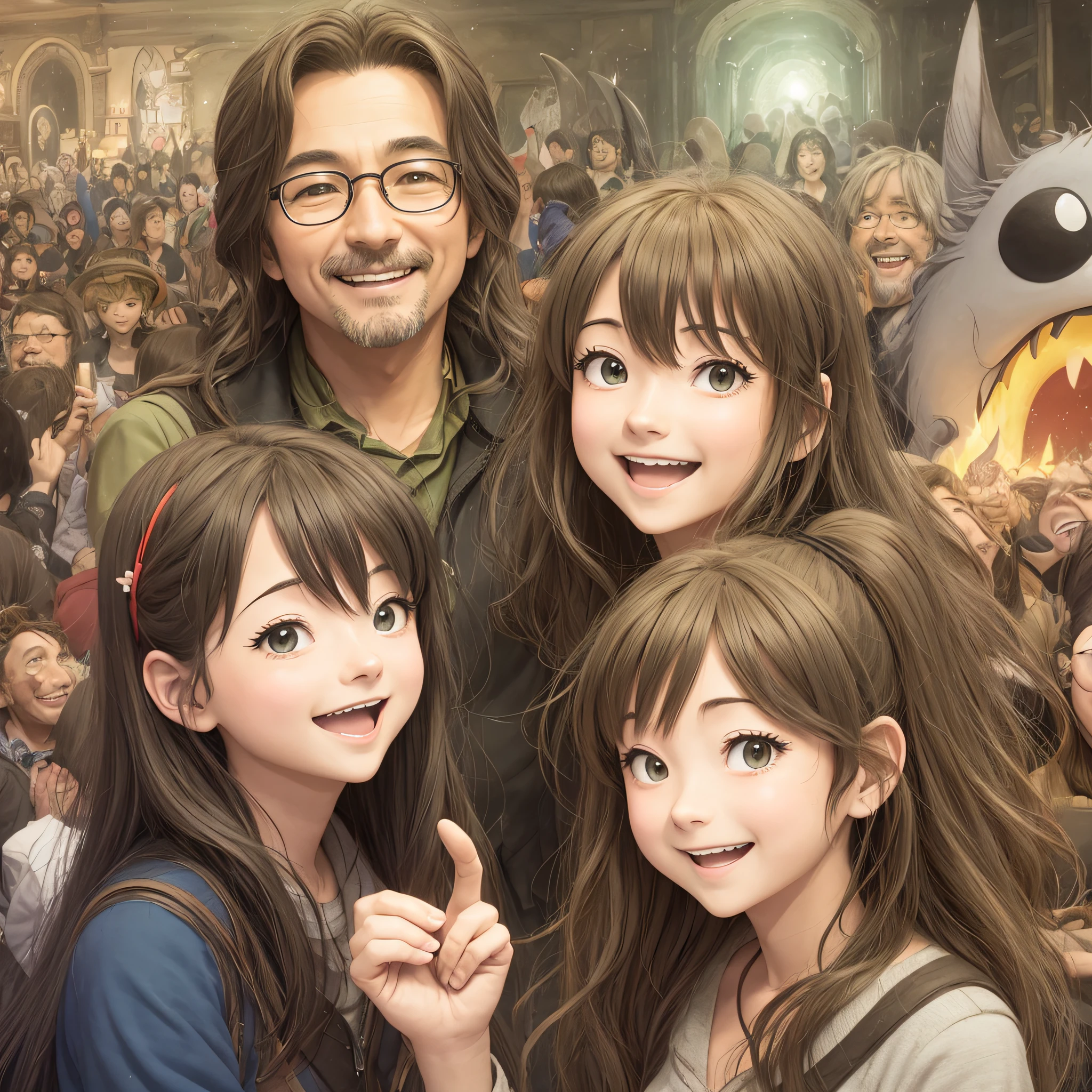 Happy people in the Ghibli Studio crowd --auto --s2