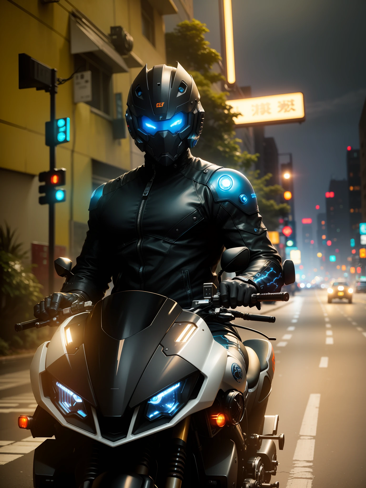 Masterpiece, (hyper-detailed), gangster theme, jacket. Motorcycle riding in dim light, tattoos, smoke, shadows, bustling urban background, highest quality, single focus, (thinness: 1.04), mecha, full body, intricate (high detail: 1.1) (very detailed CG unification), (best quality), (best illustration), (best shadow), ridiculous, realistic lighting, dazzling lights, mechanical, metallic, tech, nail, laser, monster face, cool, cyberpunk, blue glowing eyes, human robot, white and blue motorcycle, backlight, black hit blue shoes
