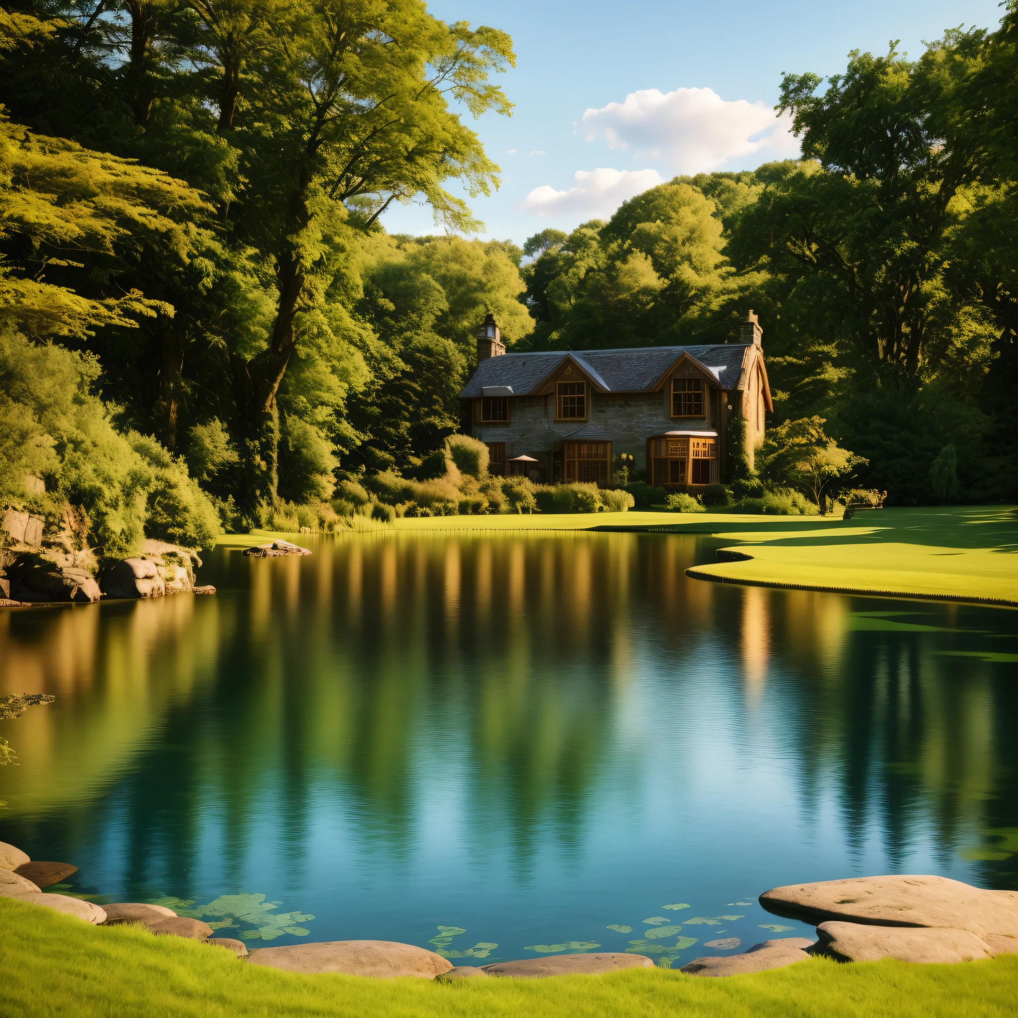 Top 10 most popular parks, blue sky and white clouds, lawn, reflective water, trees, shrubs, forest, perfect light, bright sunlight, natural shrubs, natural rocks, high detail, 8k, ultra detail, realistic photos, best quality, UHD, masterpiece, super detail, high detail, high quality, high quality, award-winning, best quality, high resolution, tranquil idyllic scenery, light green, large yard garden with lots of lush grass, rustic style, 32K UHD, photo taken by Nikon D750, Pentax 645N, Ferrania P30, Sony FE 12-24mm f/2.8 gm, photo realism, tranquility, vintage charm, photo shooting, photo photorealistic, 8K