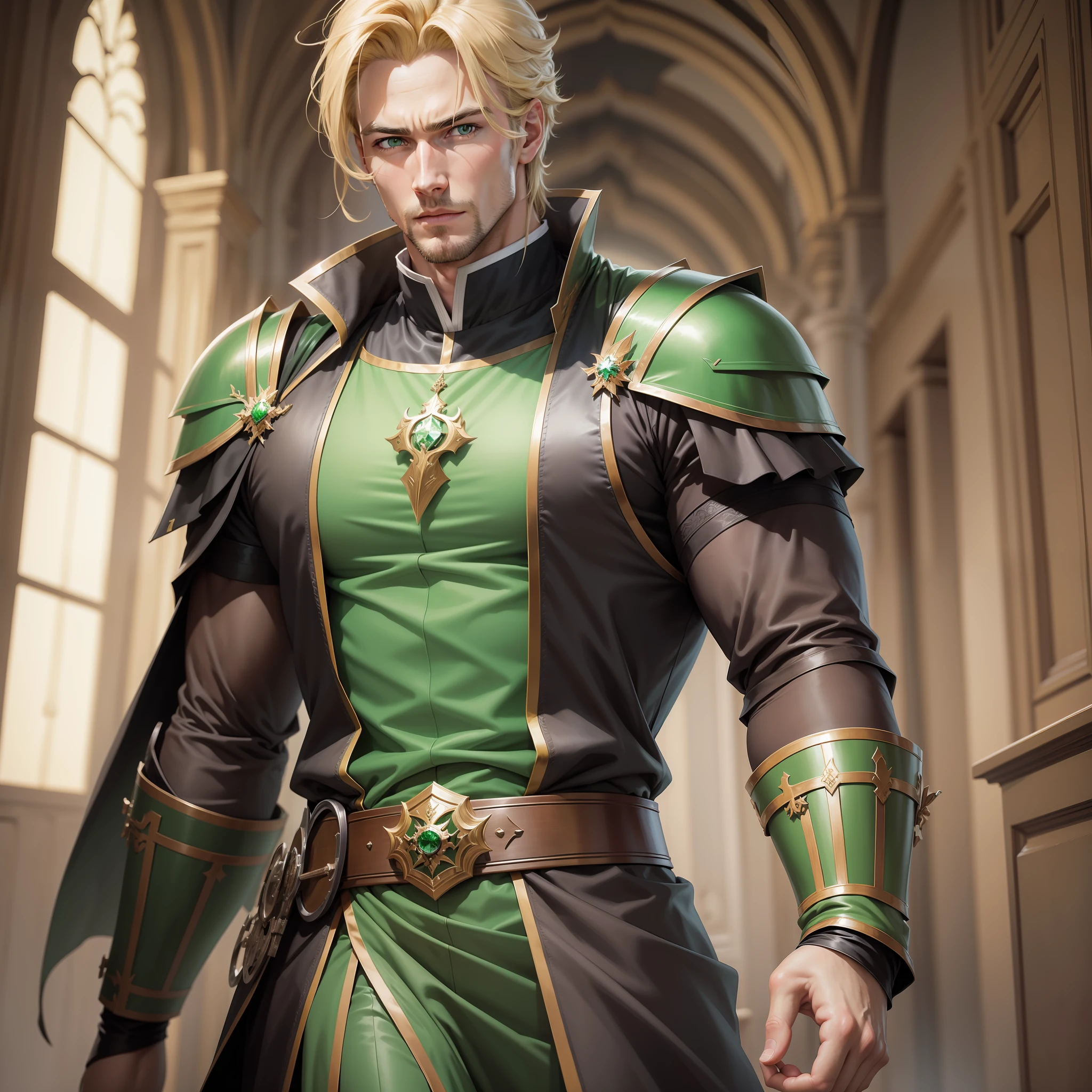 Realistic image of a handsome man in his early 30s, handsome, strong, blond, green-eyed, dressed in black cleric's costumes with shoulder pads with green details, anime character style art, running in a hallway of a royal palace, determined expression
