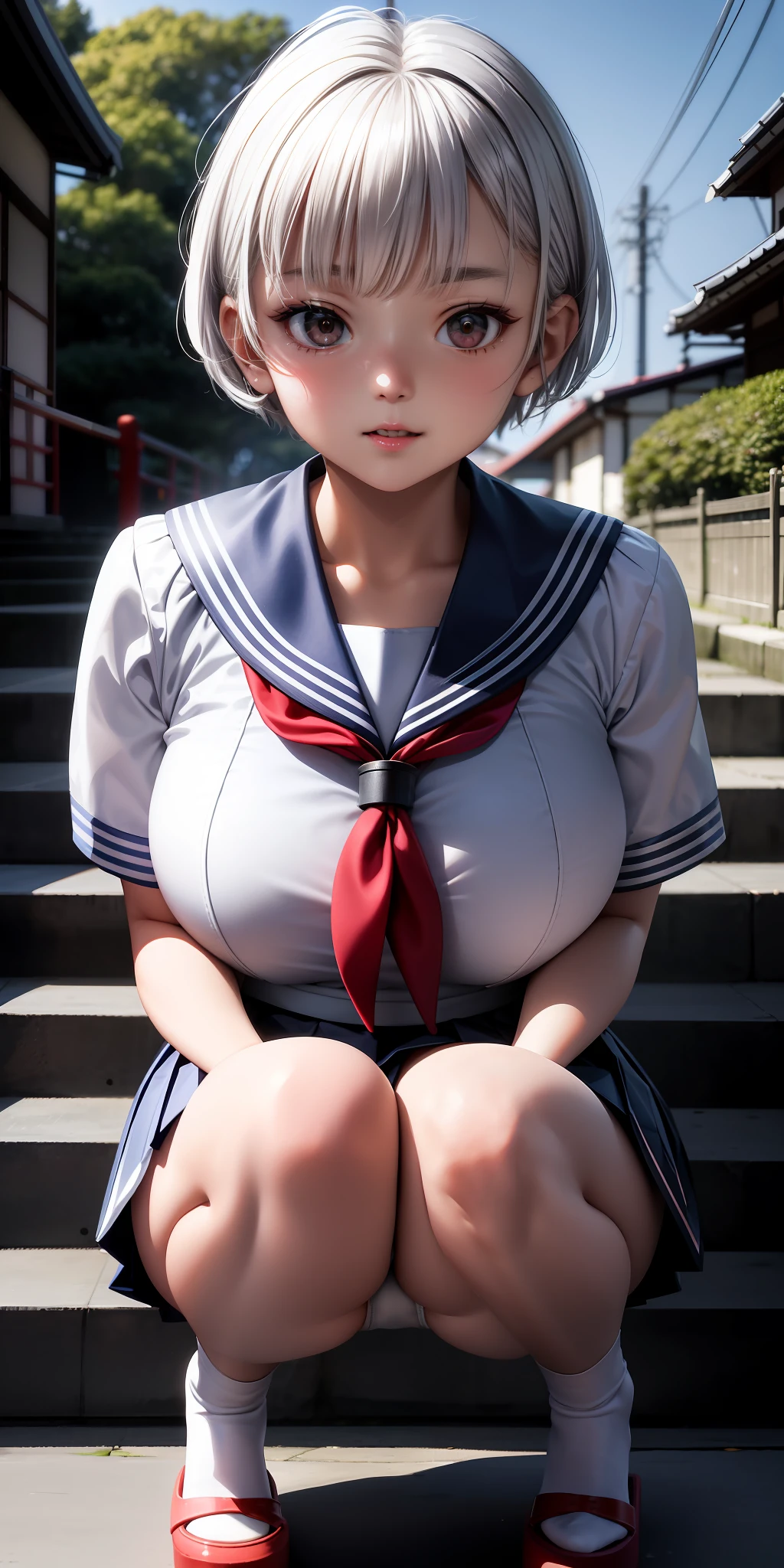Japan sailor suit, miniskirt, (sitting squatting with legs open), (white panties visible), short silver hair, young, cute, beautiful girl, gigantic breasts, excited face, best body, stairs, turning around, looking at the viewer, 8K, very detailed, best image quality, highest quality, super high resolution, masterpiece,