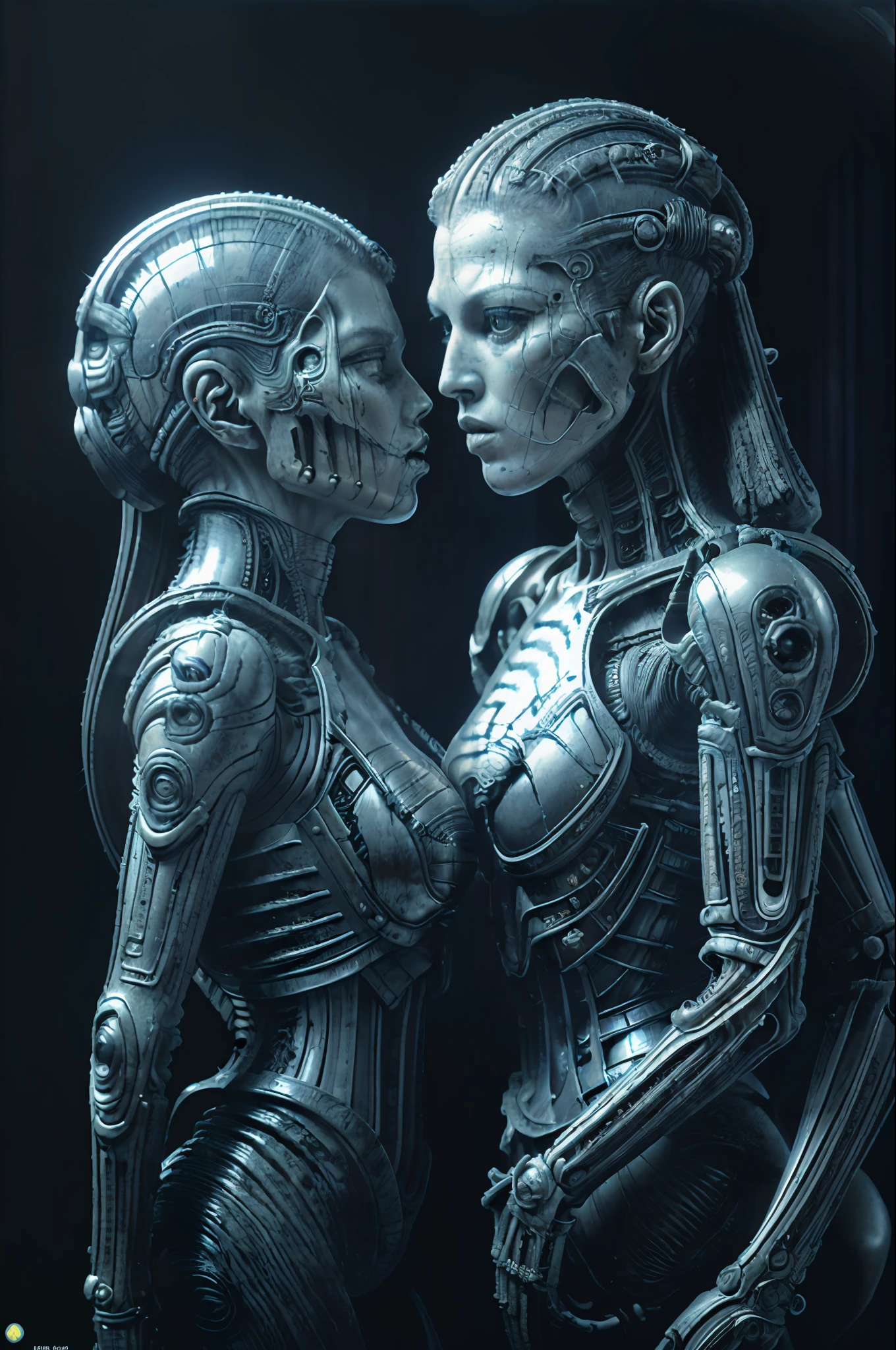 portrait of alien kissing Alexandra Dadario,
((masterpiece),(best quality),(ultra-detailed),
fantasy, sci-fi, horror, aliens, sad face,
realistic, hrgiger hnsrdlf style intricate biomechanical detail
masterpiece, dark room, dim light , front view,(( photorealistic, 1970s film, 35mm, film grains ))