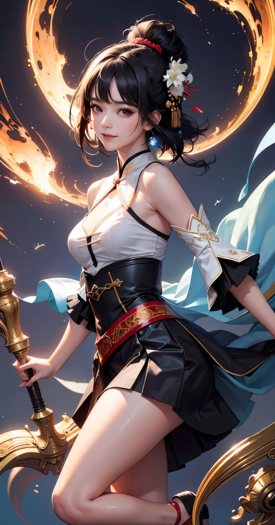 Official Art, Unified 8k Wallpaper, Ultra Detailed, Beautiful and Aesthetic, Masterpiece, Best Quality, (Fractal Art: 1.4), 1Girl, Black Hair, Bare Shoulders, Short Skirt, Calves, Very Detailed, Dynamic Angle, , (Bright Colors), (Half: 1.2), (Hanfu: 1.5), (Smile: 0.5)