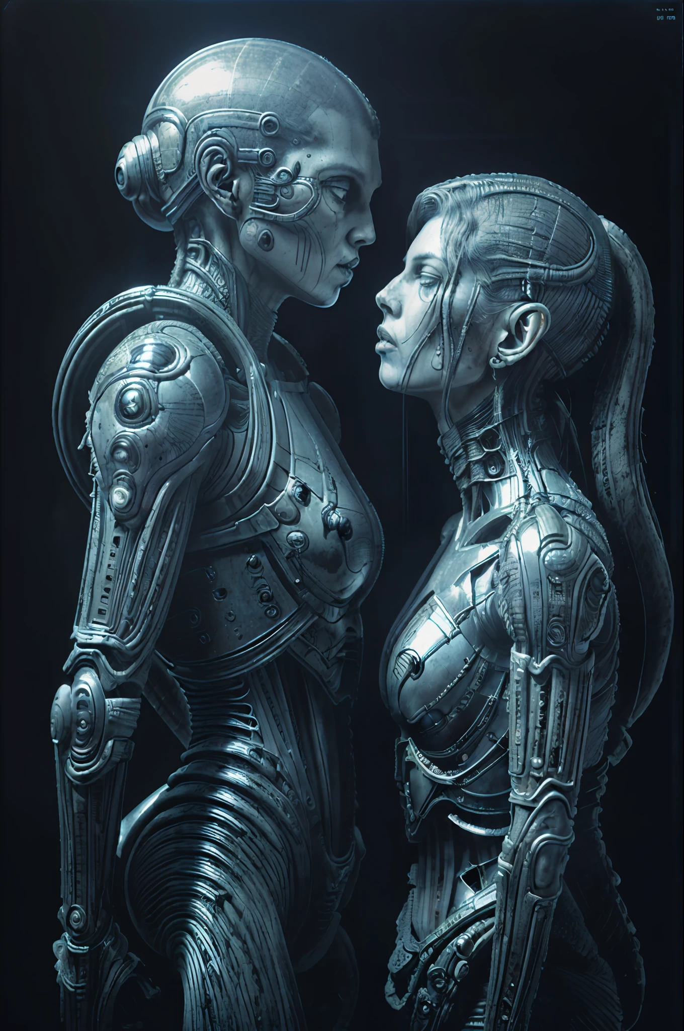 portrait of alien kissing Alexandra Dadario,   
((masterpiece),(best quality),(ultra-detailed),
fantasy, sci-fi,  horror, aliens, sad face, 
realistic, hrgiger hnsrdlf style intricate biomechanical detail
masterpiece, dark room, dim light , front view,(( photorealistic, 1970s film, 35mm, film grains ))