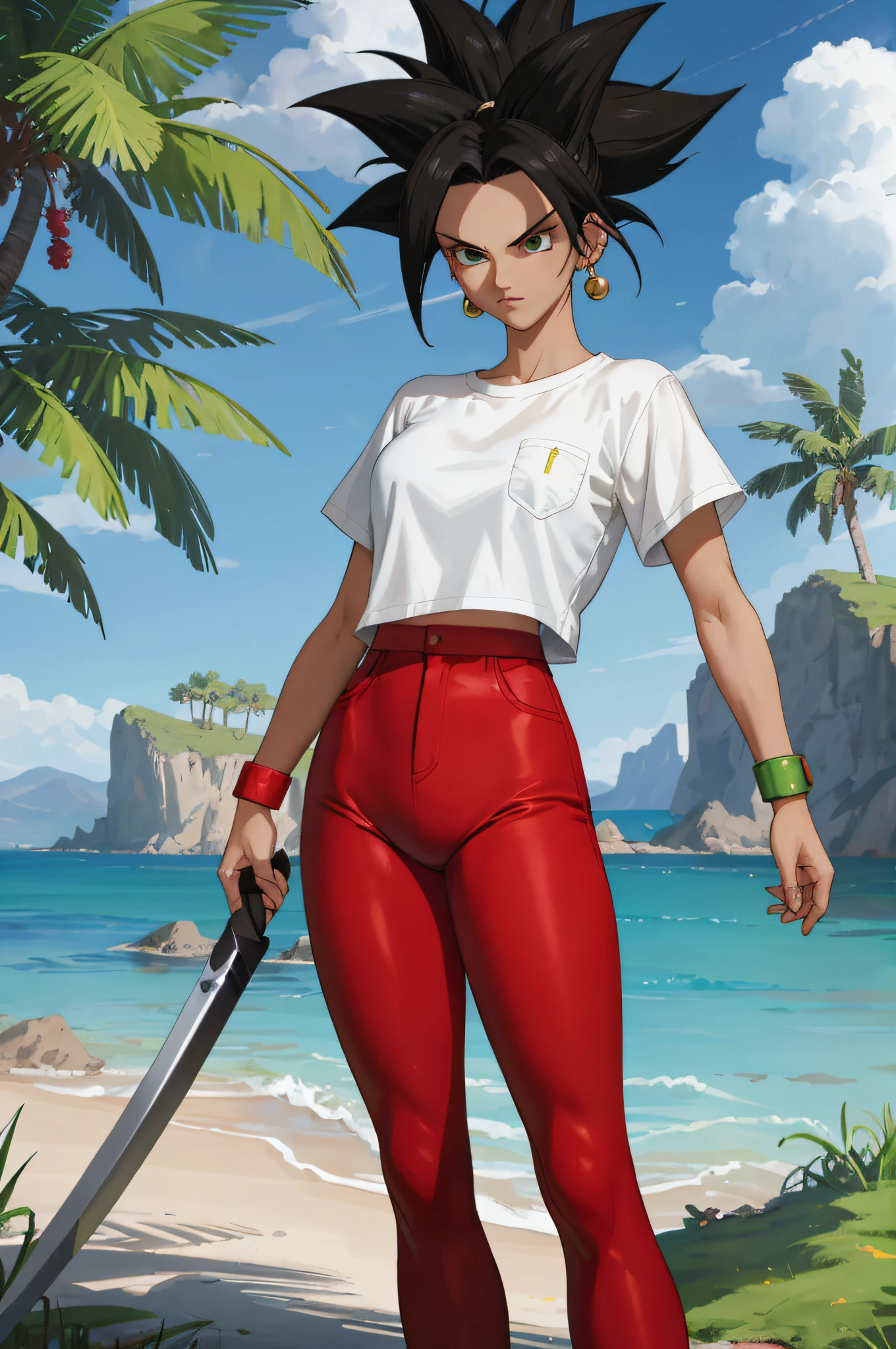 (best quality, masterpiece), black hair, green earrings, red leggings, very wide white shirt not tight outside pants, toned, conceited, serious, fighting, kefla,