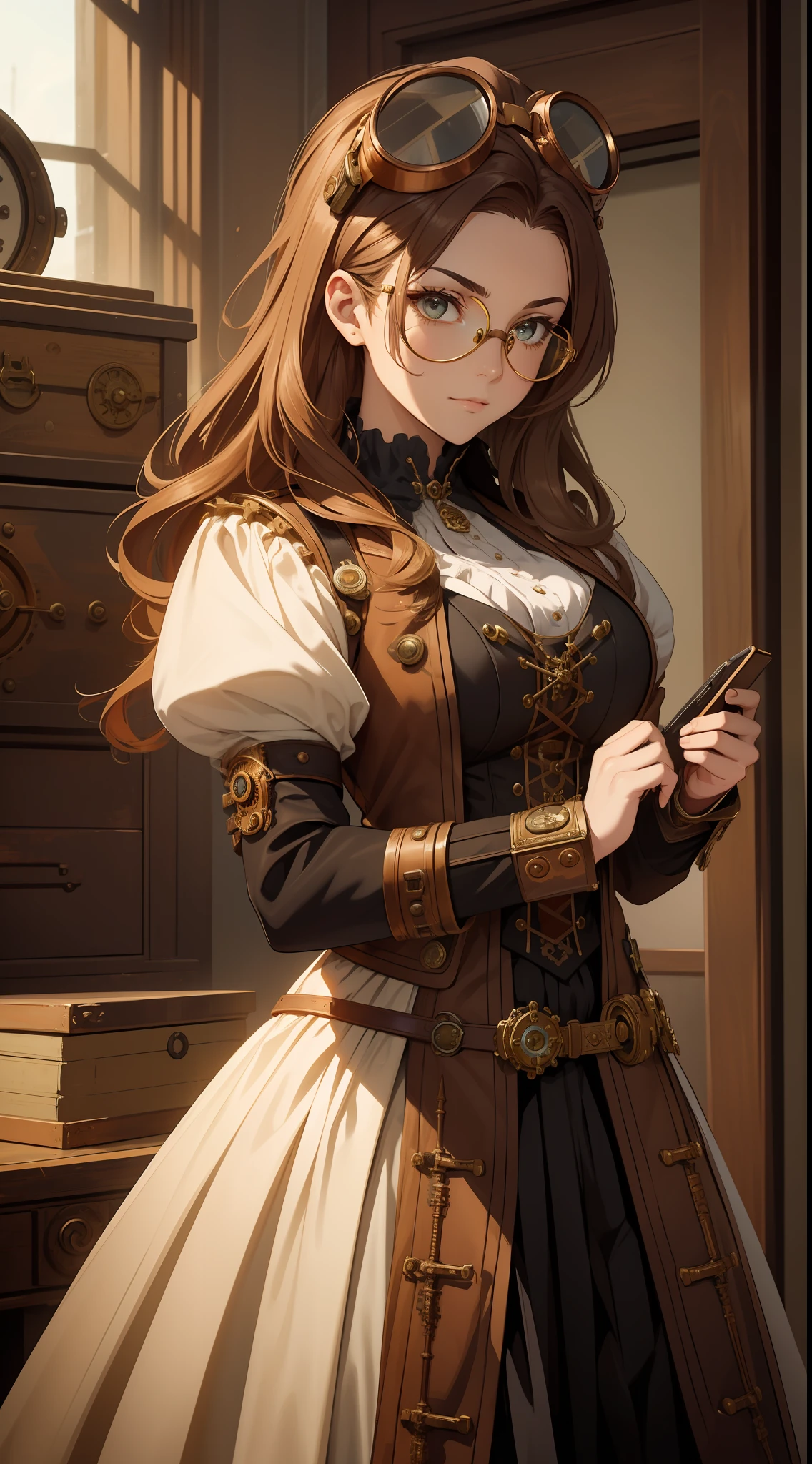 1girl solo Style: Steampunk
Quality: Meticulous details in clothing and accessories
Painting: Copper and bronze tones
Image Effect: Moving gears around the character
Appearance: A skilled inventor, dressed in an elegant Victorian costume, adorned with gears and goggles. Her hair is styled into an elaborate hairstyle and she carries with her unique technological tools and devices.