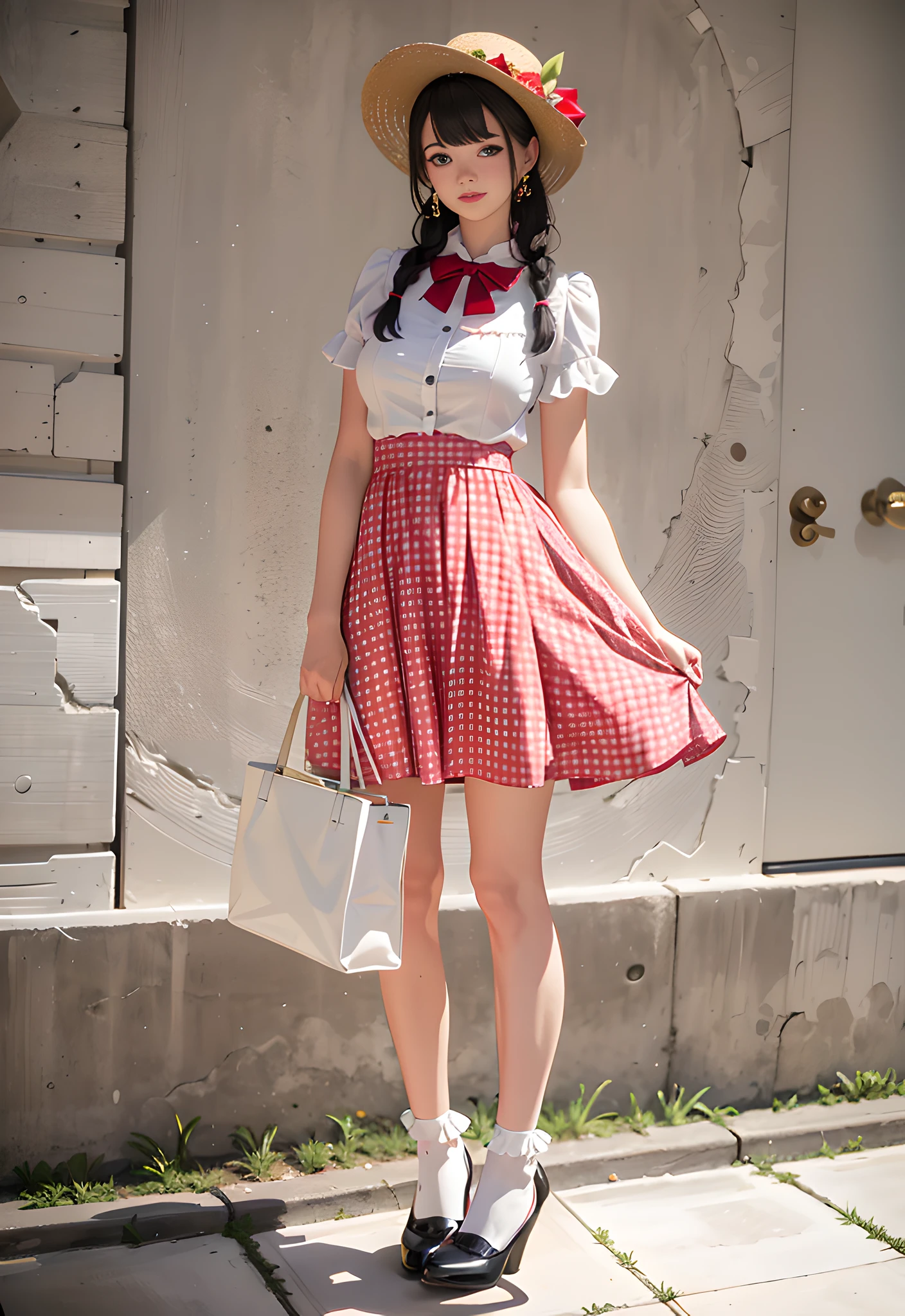 (8K, RAW, professional, best quality, masterpiece:1.2), (realistic,photorealistic:1.37), ultra-detailed, (portrait), (highest detailed skin:1.2), (highest detailed face:1.2), cinematic lighting, 1girl, pale light, 22 year old beautiful gravure idol, white blouse, red gingham check skirt, loose wavy black hair, braids, straw hat, hand bag, (((white socks))), (punps), calm bright back alley background --auto --s2