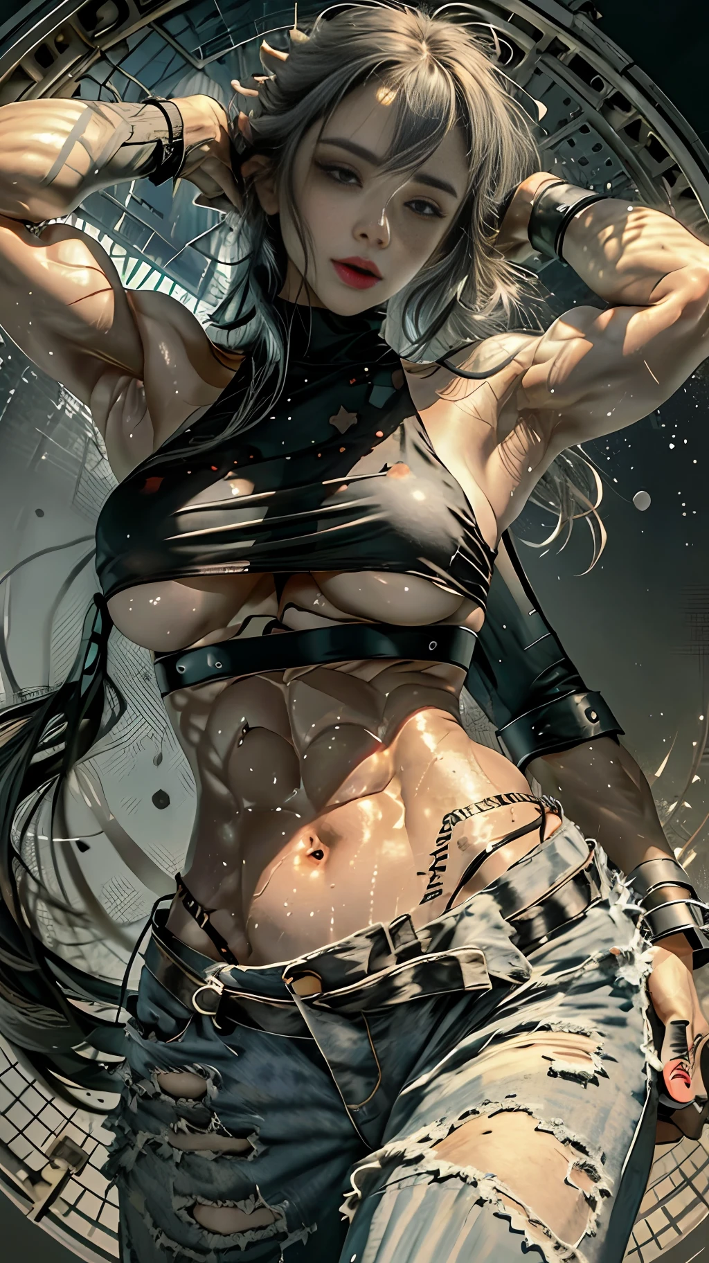 Girls, Bangs, Bare Shoulders, Black Pants, Breasts, Breasts squeezed together, Grey background, Hair between the eyes, Huge breasts, Long hair, View Viewer, Pants, Parted lips, Red eyes, Shirt, Simple background, Sleeveless, Sleeveless shirt, Solo, Turtleneck, V arm, White hair,(Shiny skin),(Masterpiece:1.4),(Best quality:1.4),,Facigirl,Red lips,Perfect abs, belly button, (nipple: 1.5), (sheer areola), nipple, huge, sweat,