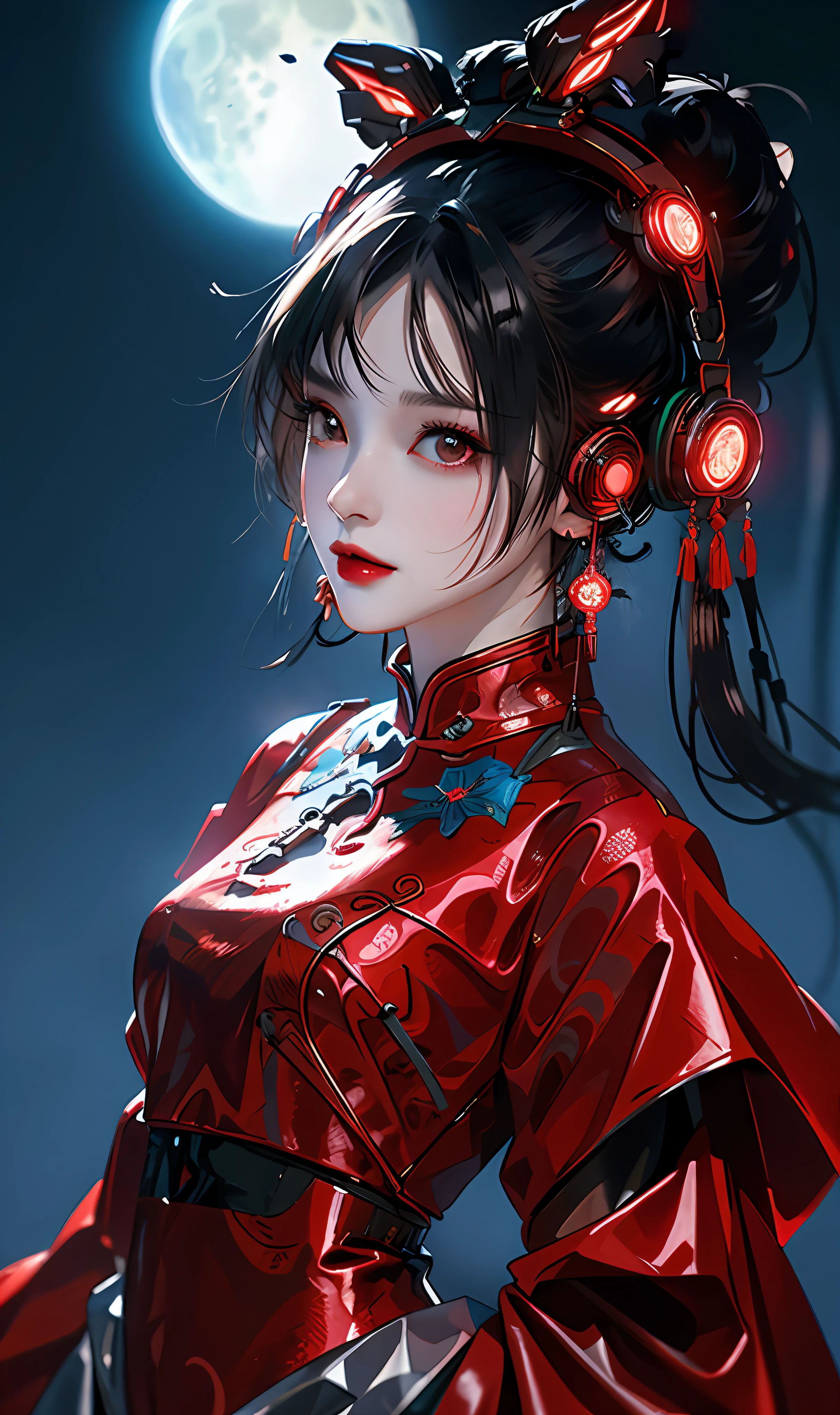 1 girl, Chinese_clothes, liquid black titanium and red, cyberhan, cheongsam, cyberpunk city, dynamic pose, detailed luminous headphones, luminous hair accessories, long hair, luminous earrings, luminous necklace, cyberpunk, high-tech city, full of mechanical and futuristic elements, futuristic, technology, glowing neon, red, red light, transparent black tulle, black ribbon, laser, digital background urban sky, big moon, with vehicles, best quality, masterpiece, 8K, character edge light, Super high detail, high quality, the most beautiful woman in human beings, smiling slightly, face facing front and left and right symmetry, ear decoration, beautiful pupils, light effects, visual data, dark black hair, super detailed facial texture, bright leather red gloves, elevation angle shooting