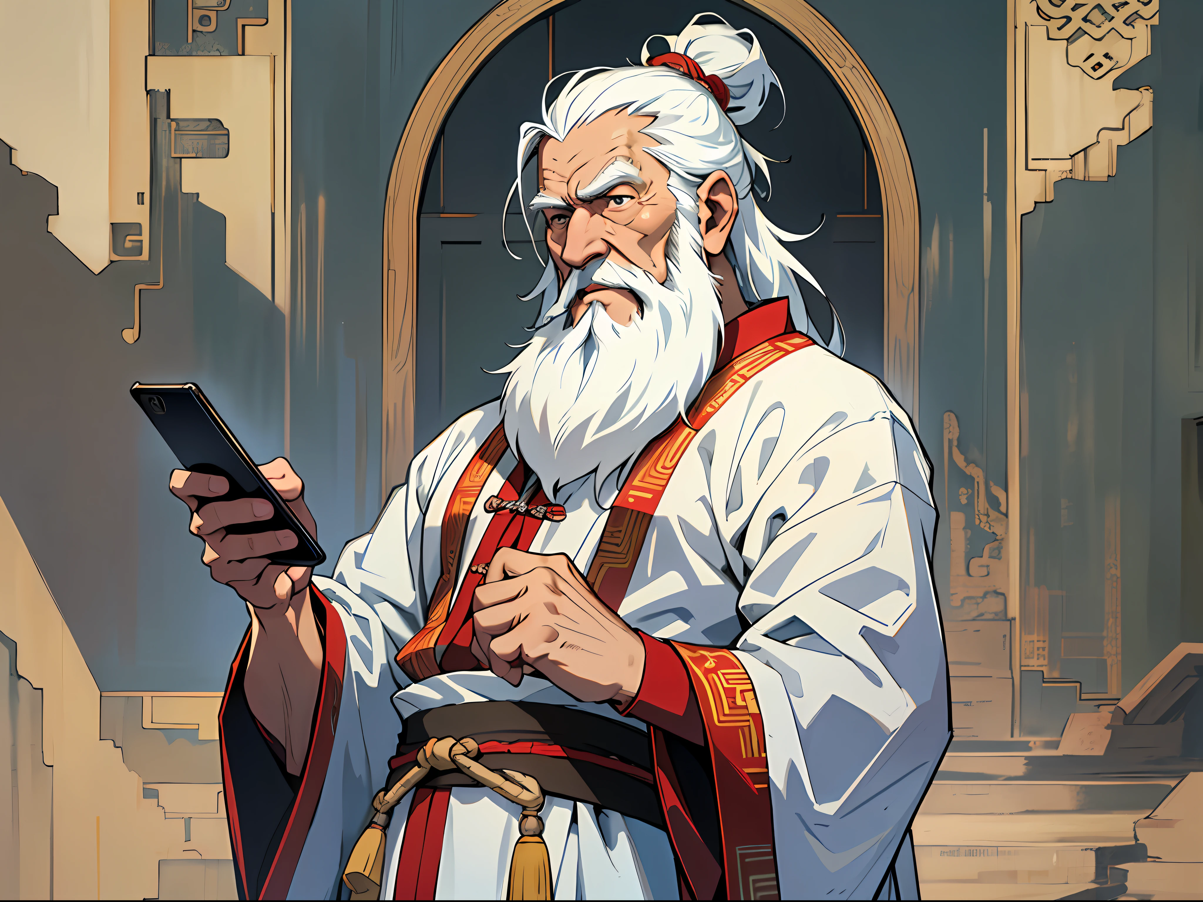 Best quality: 1.0), (super high resolution: 1.0), anime man, old man, thin, white long beard, ancient dress, Chinese Tang Dynasty dressup, holding a mobile phone to make a call,