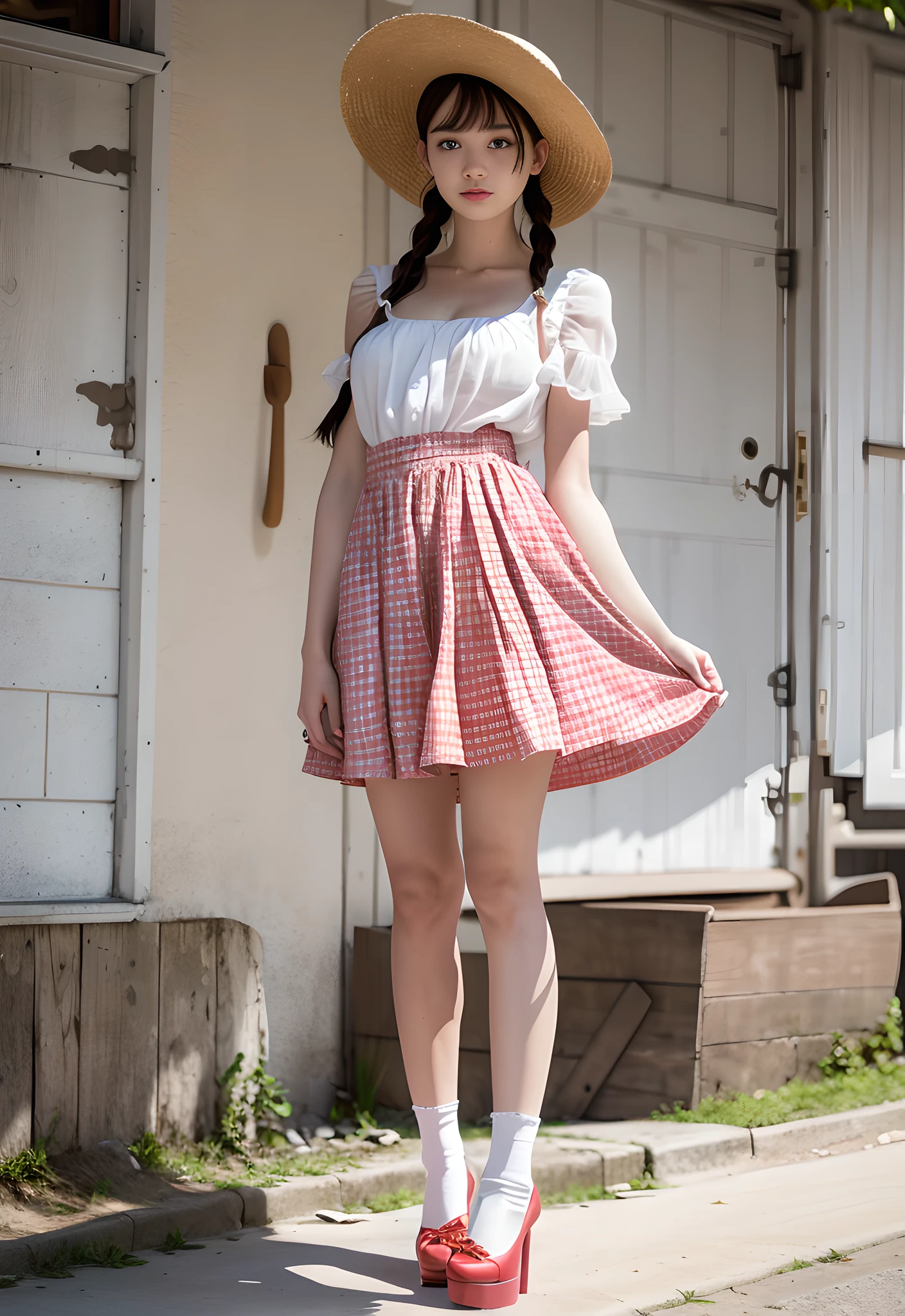 (8K, RAW, professional, best quality, masterpiece:1.2), (realistic, photorealistic:1.37), ultra-detailed, (portrait), (highest detailed skin:1.2), (highest detailed face:1.2), cinematic lighting, 1girl, pale light, 22 year old beautiful gravure idol, white blouse, red gingham check skirt, loose wavy black hair, braids, straw hat, hand bag, (((white socks))), (pumps), calm bright back alley background --auto --s2