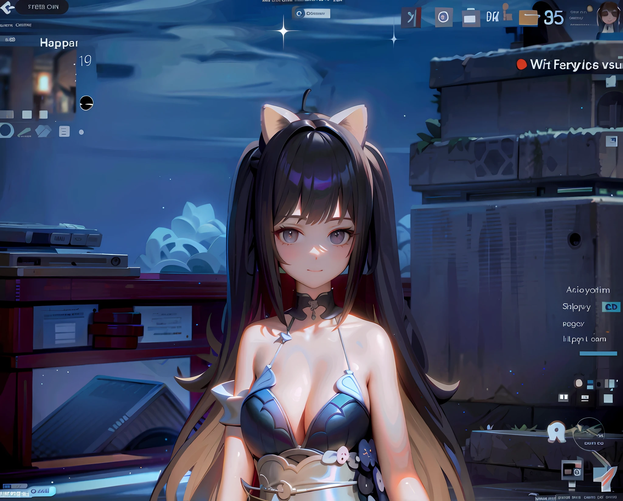 Reddened cheeks, gray eyes, brown cat ears, happy face, free belly, bigger breasts