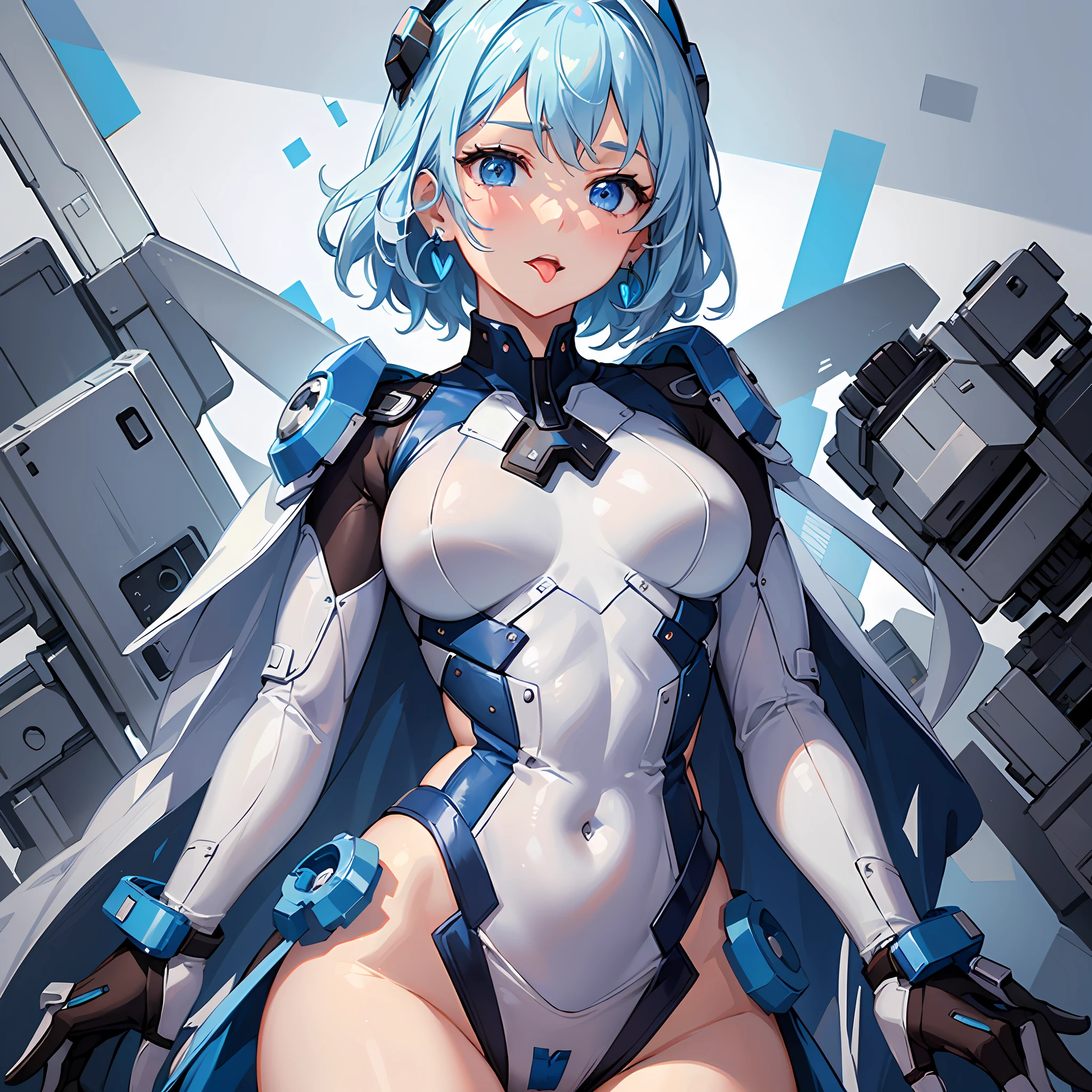 (((Masterpiece)))), (Best Quality))), Hi-Res, Above the thighs, Guts pose, Has one arm raised, ((Cute 1 girl))), Solo, , White skin, Small breasts, Eight-headed person, (Light blue hair), ((Very short hair)), Crisp bangs, Beautiful hair, Blue eyes, Beautiful detail eyes, ((sticking out tongue)), blush, Wink, Heart, (shouldered clothes), White and blue mechanical clothes, futuristic clothes, earrings, white background, shadow lighting,