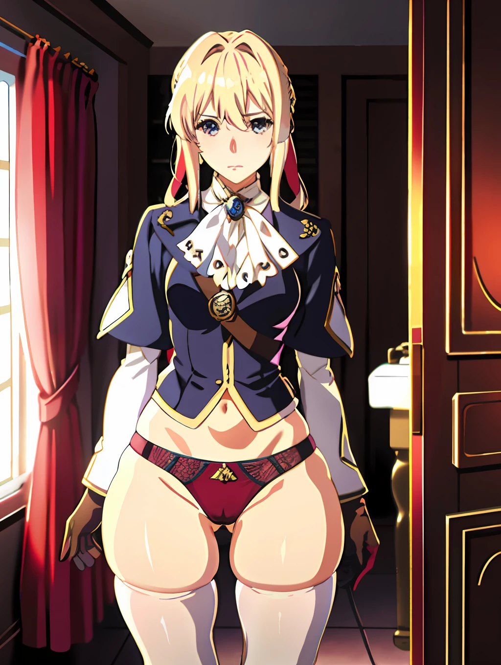 Violet evergarden, brooch, jacket, gloves, blonde hair, red ribbon, ,cameltoe,embarrassed, bathroom, solo, 1 girl, close up, cameltoe