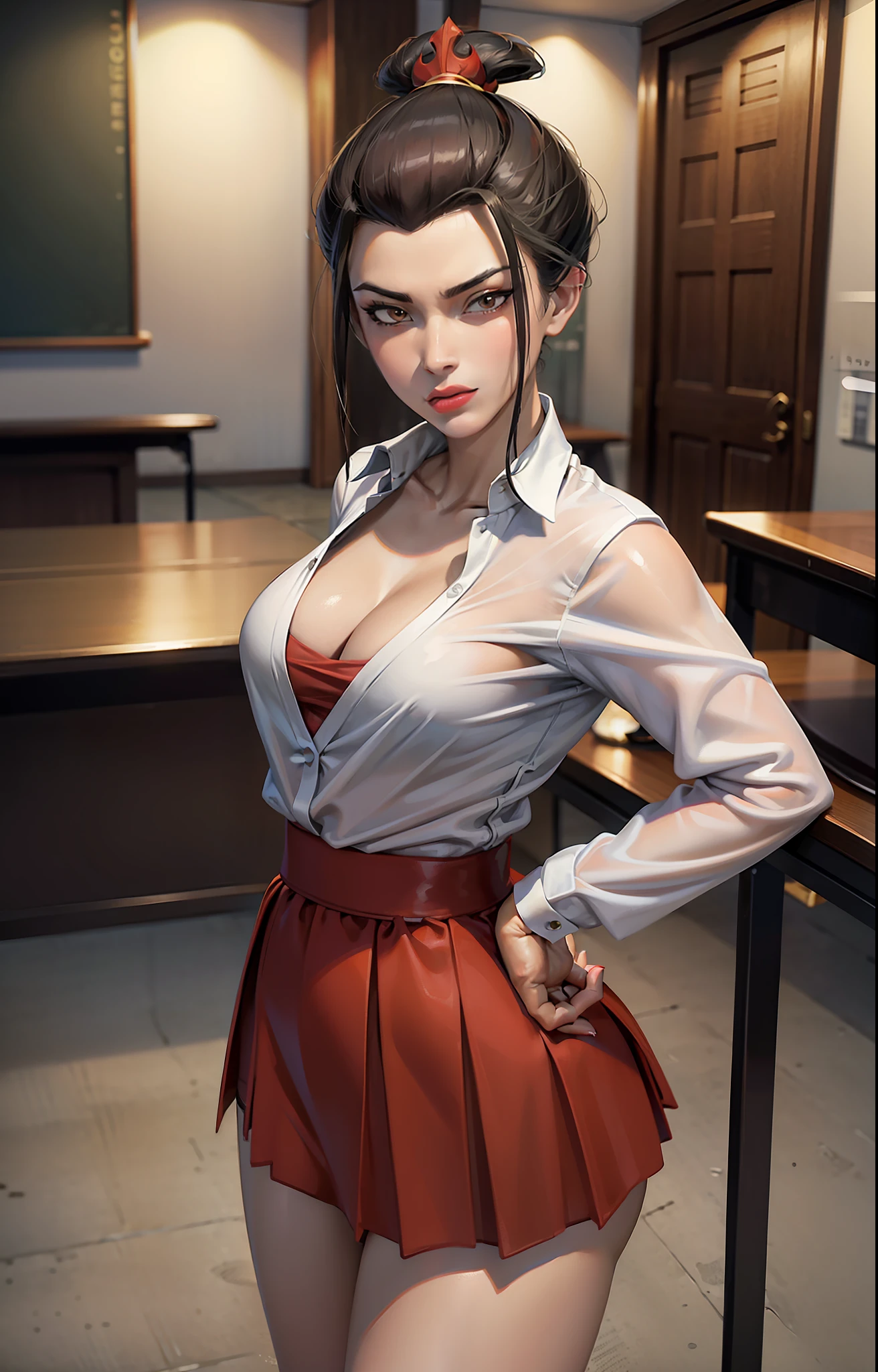 masterpiece, best quality, solo, 1girl, azula, closed mouth, smirk, makeup, cleavage, (white shirt, miniskirt, panties), wide hips, ass, big ass, standing, legs apart, lipstick, looking at the viewer, school background, desks, blackboard, erotica, gyaru, schoolgirl-whore