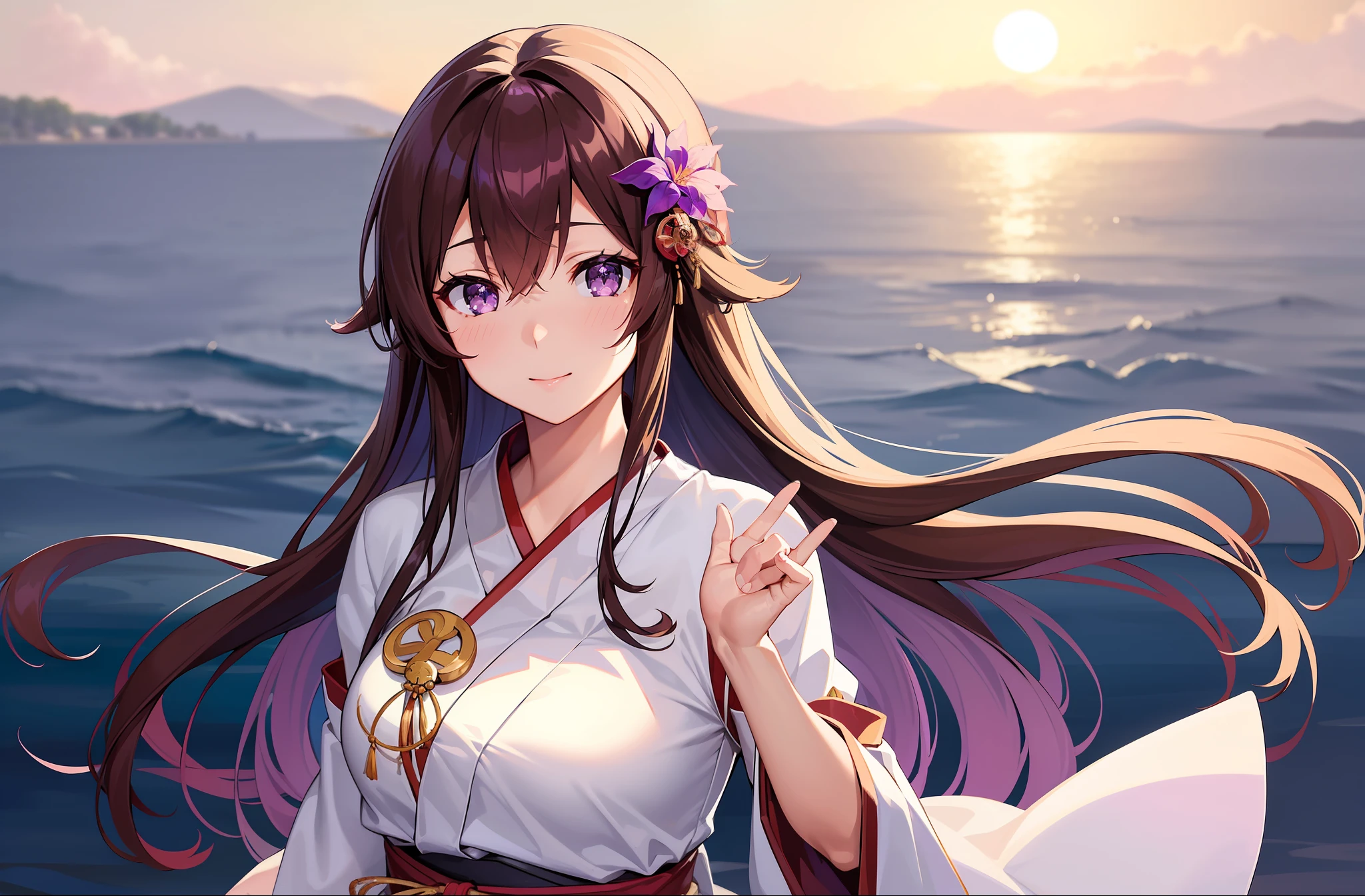 1 girl, Kisaragi from Kancolle, sparkling eyes, beautiful hands, highly detailed hands, straight hands, (masterpiece), best quality, miko outfit, standing, small breasts, purple eyes, shiny brown hair, purple flower in hair, tall, long hair, straight hair, hair between eyes