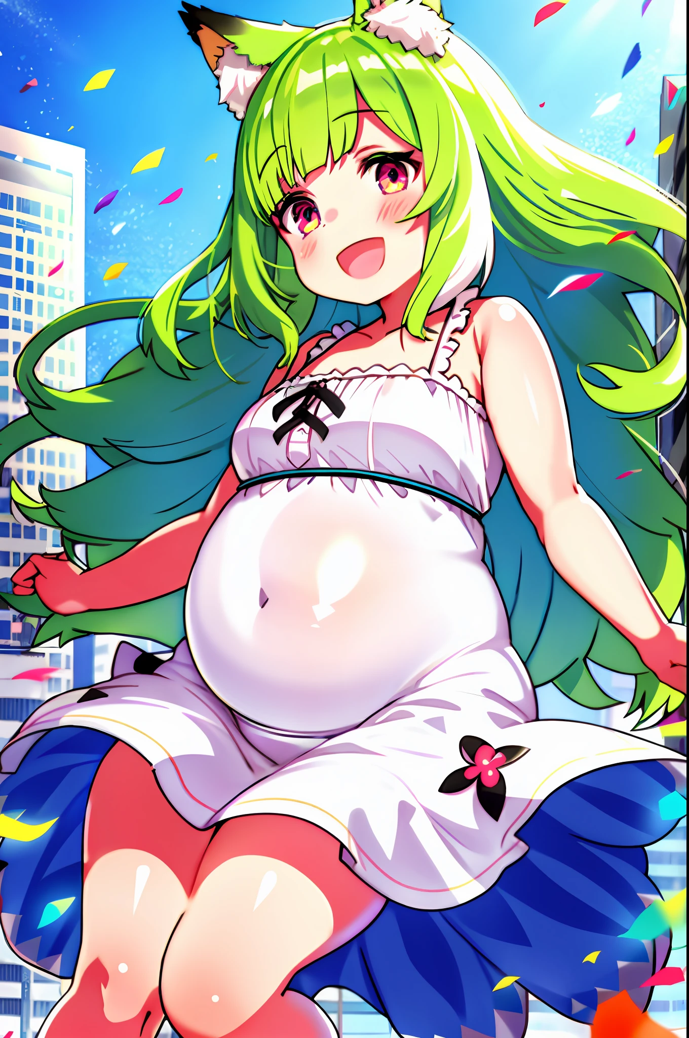 mika pikazo, girl,background crowds, chubby cheek, multicolored hair, green hair, white hair, blue sky, city background, sky crapper, Building,colorful, red particle, white flower petal, white dress, frilly dress , floating hair, light blush, light particles, long hair, open mouth, pink eyes, multicolored eyes, portrait, signature, smile, solo,fox ears, Chubby, plump, chubby belly, plump belly, small chest, exposed navel