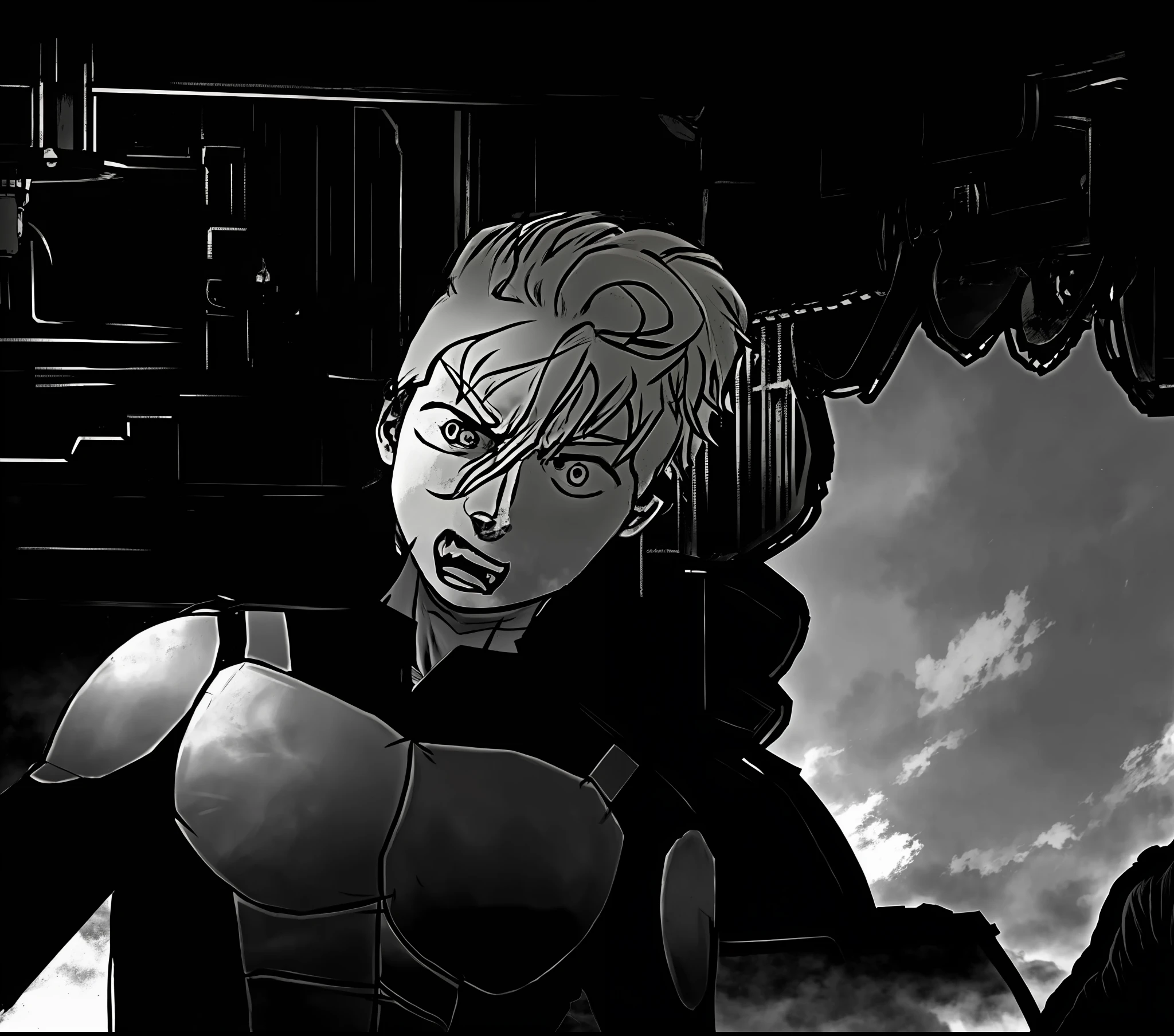 Anime character with speech balloon in black and white photo, cell shaded adult animation, genios of a punching man, black and white manga panel, this character has cryokinesis, cutscene footage, mainly grayscale, cutscene, cel-shaded art style, villain pose, video game cutscene, genos, cel shaded anime, animatic, Col. Shaden!!!,Knight