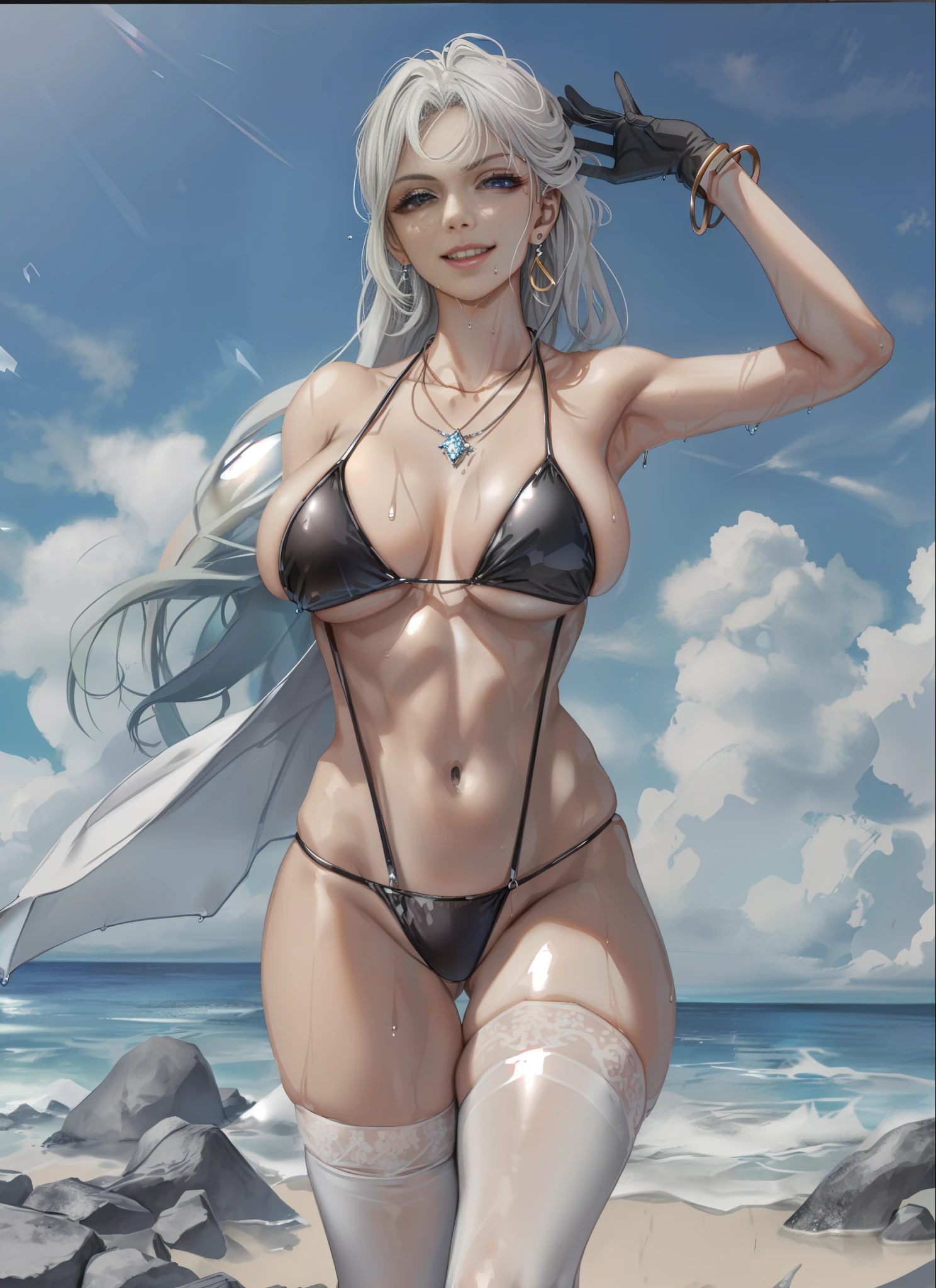 (nsfw:1.3),A thin waist with abs。 Perfectly symmetrical body. (sexy eyes) (seductive eyes) (clothes wet with water) (completely transparent plastic top) (suspender stockings, suspender stockings, high-gloss stockings) fleshy thighs tightened by high-gloss suspender stockings, huge soft breasts. Outermost transparent gauze on body, beautiful woman, surreal, 1 girl, ((facing the viewer, hand caressing her chest)), (huge soft breasts, charming body: 1.8), sit-ups: 1.6, gray hair: 1.8, (wet rain, wet body: 1.7), painting, masterpiece, best quality, ultra-detailed, absurd, portrait beautiful, solo, earrings, jewelry, bikini, smile, sexy belt outfit, tank top, sky, day, swimwear, outdoors, gloves, necklace, transparent bikini, sexy, volumetric lighting, best quality, masterpiece, intricate details, realistic skin texture, pixiv, ultra-detailed, artstation trend,