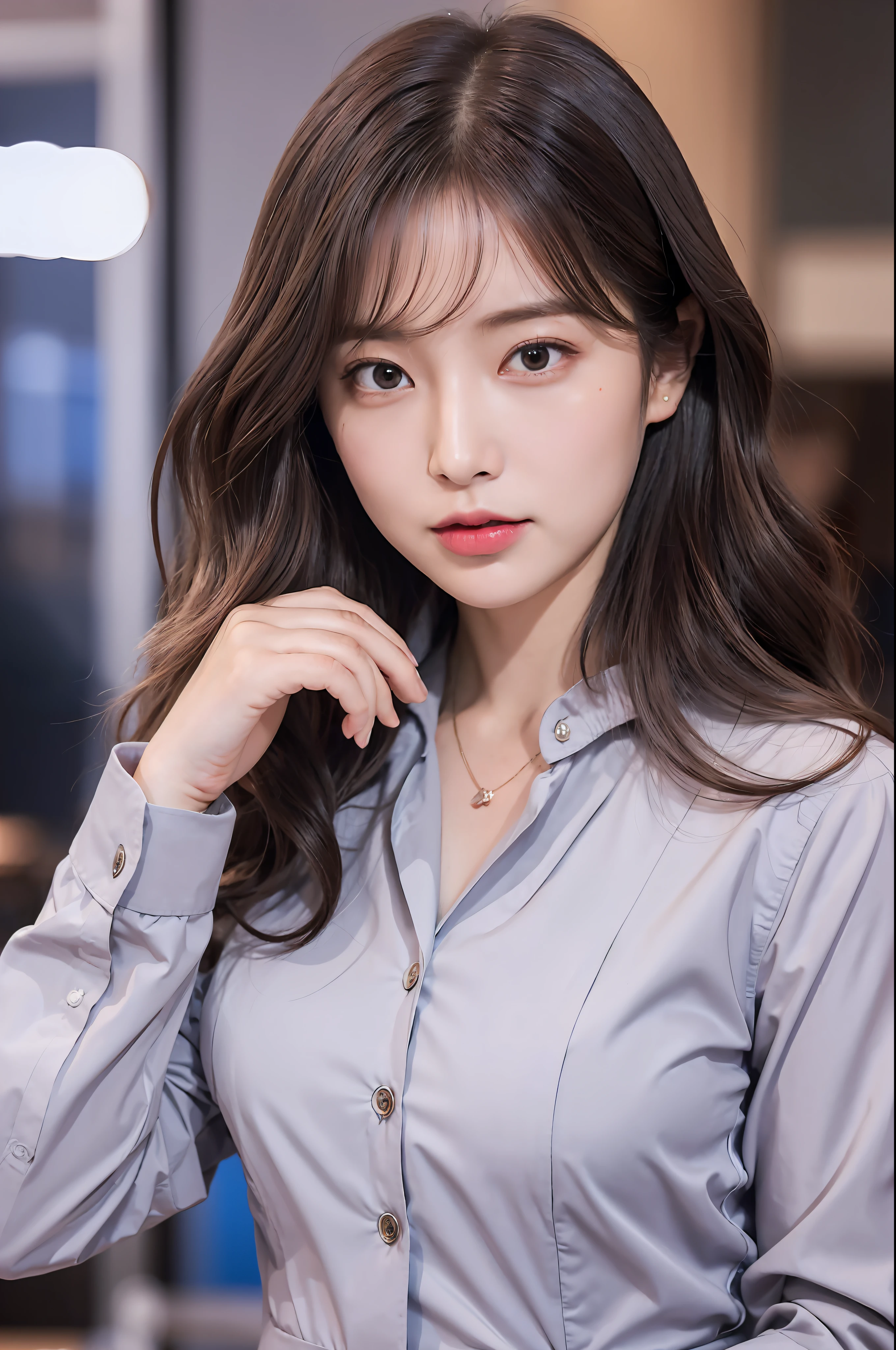 Mature mature youth, super cute, nice perfect face with soft skin, gorgeous wavy long brown hair, immature woman in trendy dark blue suit on 8K resolution, super realistic, super detailed, high quality, erotic and beautiful runway, Nogizaka idol, gravure idol, Korean idol, café clerk: 1.3, family restaurant clerk uniform: 1.3, actress