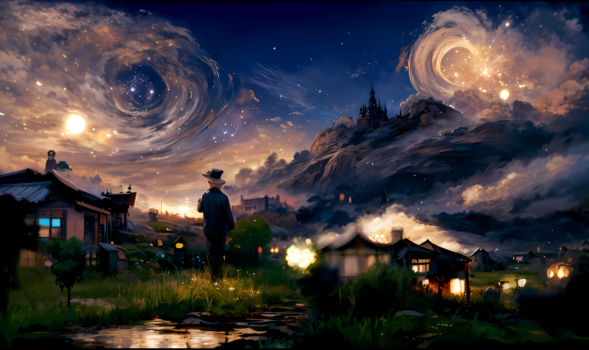 starry night scene with a man standing in a field, 4k highly detailed digital art, 4k detailed digital art, 4 k highly detailed art, beautiful art uhd 4 k, 4 k hd wallpaper very detailed, 8k high quality detailed art, amazing wallpaper, detailed painting 4 k, highly detailed 4 k art, epic surrealism 8k oil painting --auto --s2