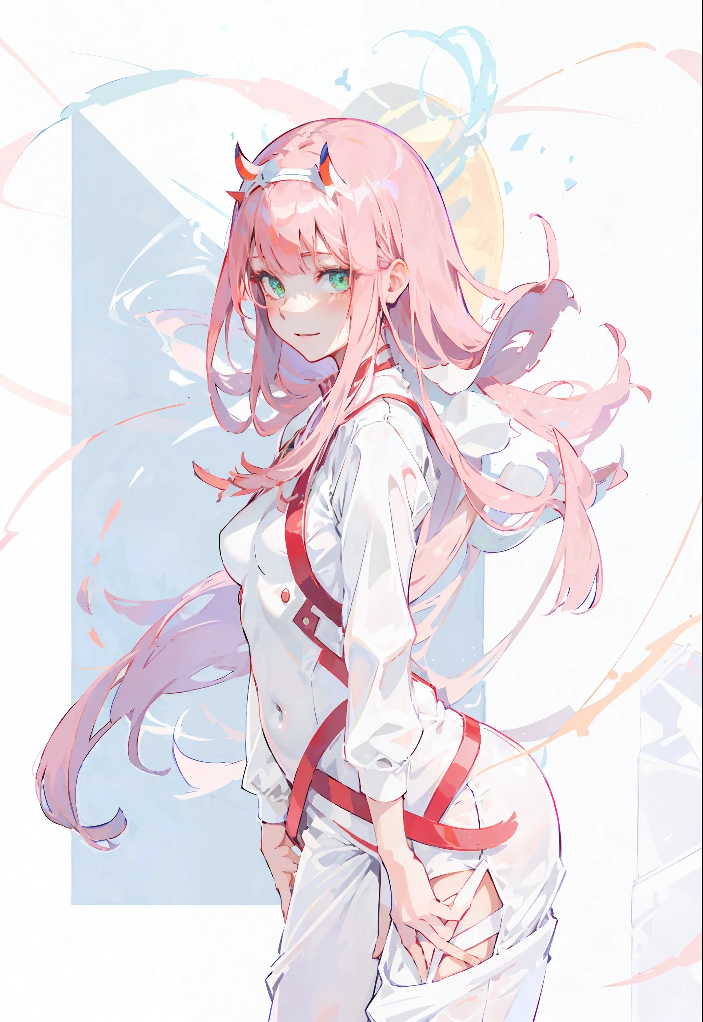 zero two \(darling in franxx\), darling in franxx, 1girl, bangs, bite, blush, navel covered, shadow, green eyes, hair behind head, horns, smile, long hair, looking at the viewer, makeup, small breasts, pilot suit, white suit, pink hair, red eyeshadow, science fiction, tight skin, solo