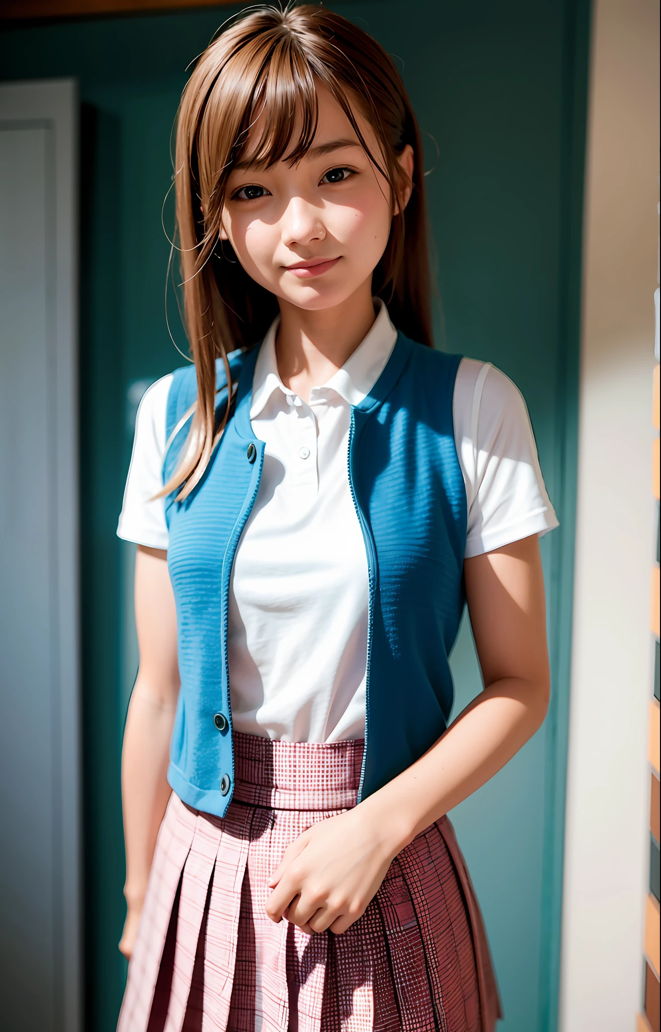 (((medium hair))), best quality, 8K, HDR, highres, absurdres:1.2, blurry background, bokeh:1.2, Photography, (RAW photo:1.2), (photorealistic:1.4), (masterpiece:1.3), (intricate details:1.2), 1girl, solo, japanese girl, delicate, beautiful detailed, (detailed eyes), (detailed facial features), petite, (((small breasts))), skin tight, (looking_at_viewer), from_front, (skinny), (best quality:1.4), (ultra highres:1.2), cinema light, (extreme detailed illustration), (lipgloss, best quality, ultra highres, depth of field, caustics, Broad lighting, natural shading, 85mm, f/1.4, ISO 200, 1/160s:0.75),1girl, solo, (((blue vest))) ((smile)), ((school uniform, pink pleated skirt with checker pattern))