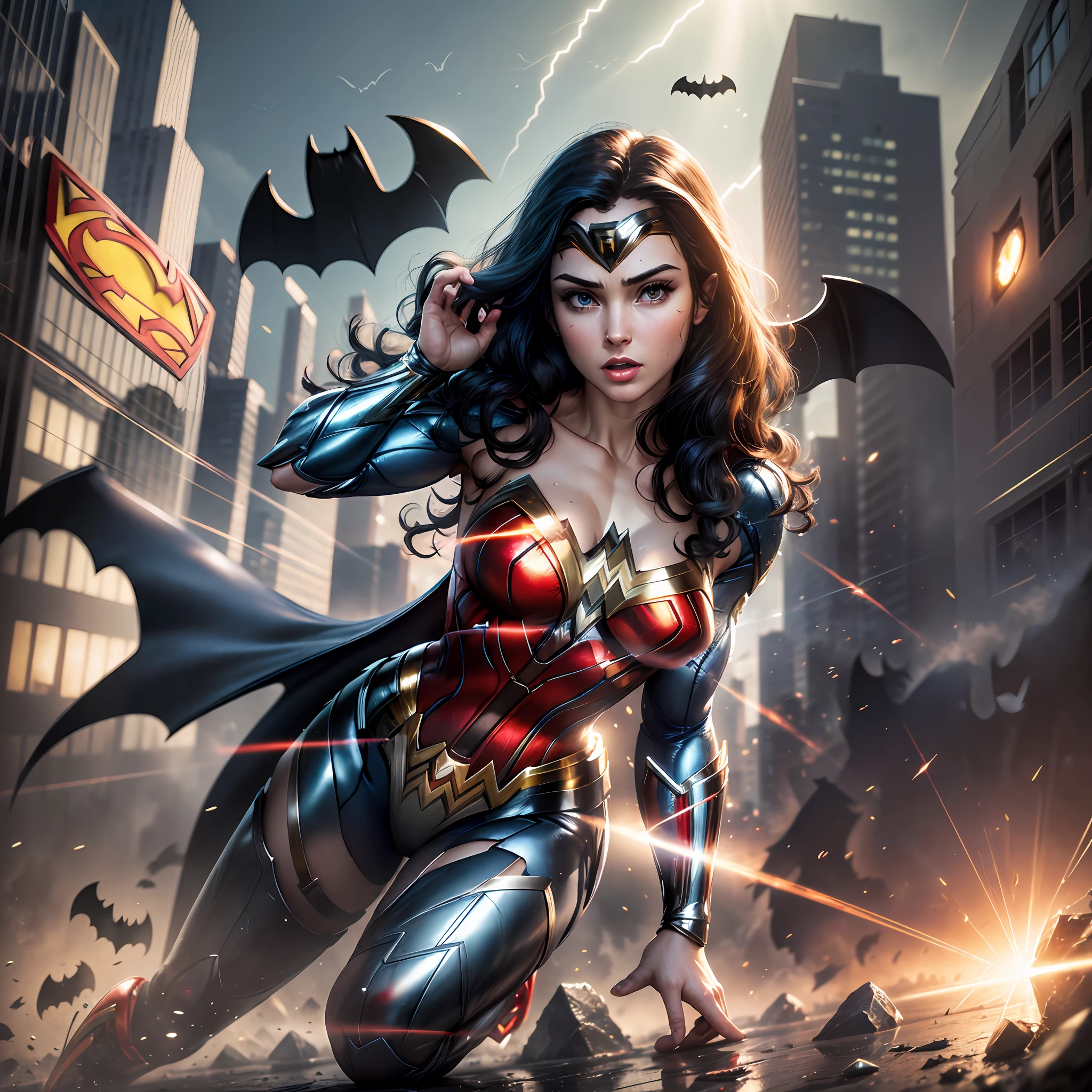 (High Definition: 1.2), ultra realism, (4K: 1.2), Justice League, baby, (Superman:1.3),(Batman:1.3),(Wonder Woman:1.3),(Flash:1.3), costume details, (fighting move:1.1), destroyed city background, reflected light effect, bright rays, dark weather, (combat:1.2), futuristic visuals, (embossed lines:1.1), aspect ratio 16:9. --auto --s2