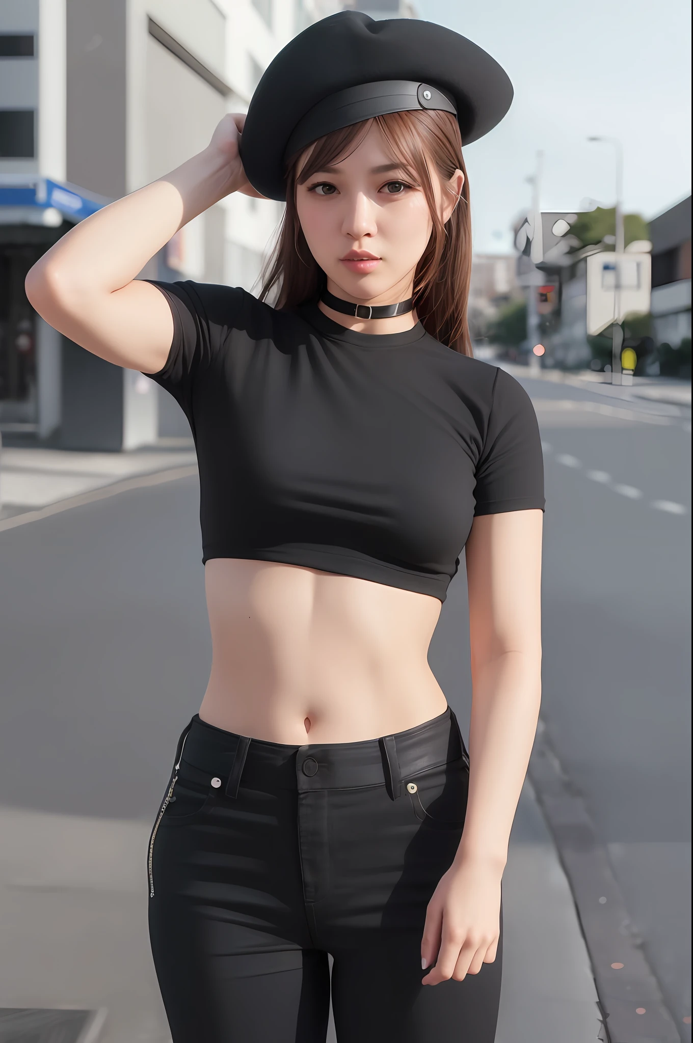 apinkhayoung, urban, streets, (day:1.1), RAW,(8k, best quality, masterpiece:1.2),(intricate details:1.4),(photorealistic:1.4),octane render, complex 3d render ultra detailed, studio soft light, rim light, vibrant details, ultra detailed, realistic skin texture, detailed face, beautiful detailed eyes, extremely detailed CG unity 8k wallpaper, makeup, (detailed background:1.2), (cowboy shot:1.2),(perfect anatomy:1.2),(wide hip:1.1),(black t-shirt, pants, choker, beret:1.2),