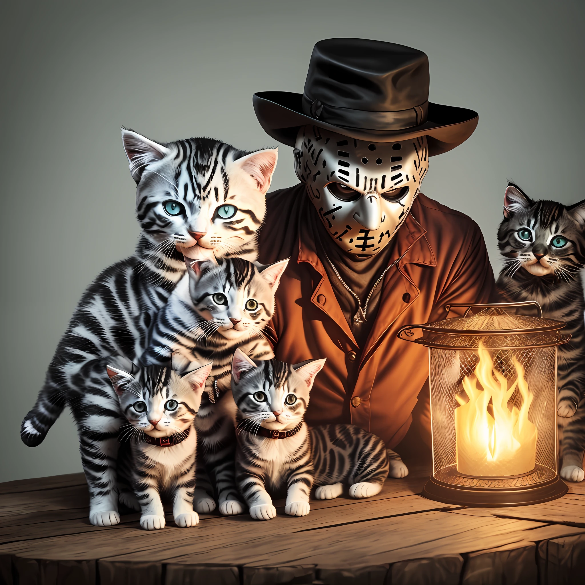 create an image that contains Freddy Krueger, and also Jason voorheers and the Ghost face with kittens being cute, 8k, uhd, severe low lighting, high quality, sharp focus, fugifilm XT3 --auto --s2