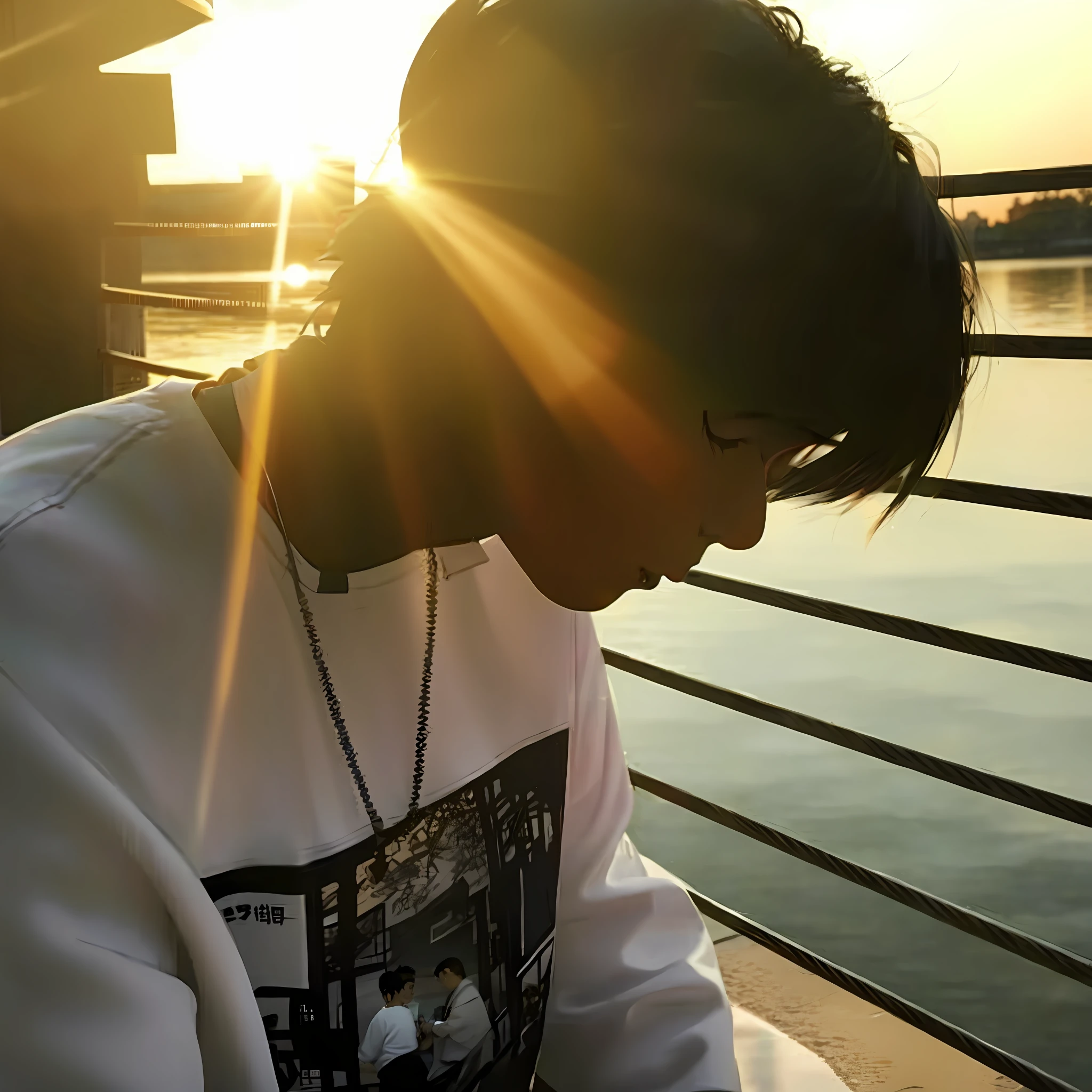 Chinese boy sitting on bench looking at mobile phone, beautiful man, sunset, the sun behind him, the sun shines on him, the sun shines on him, in the sun, in the sunset, backlit!!, in the sunset, there is a sunset, watch the sunset set. Anime, it's sunset, in prime time, nice afternoon lights